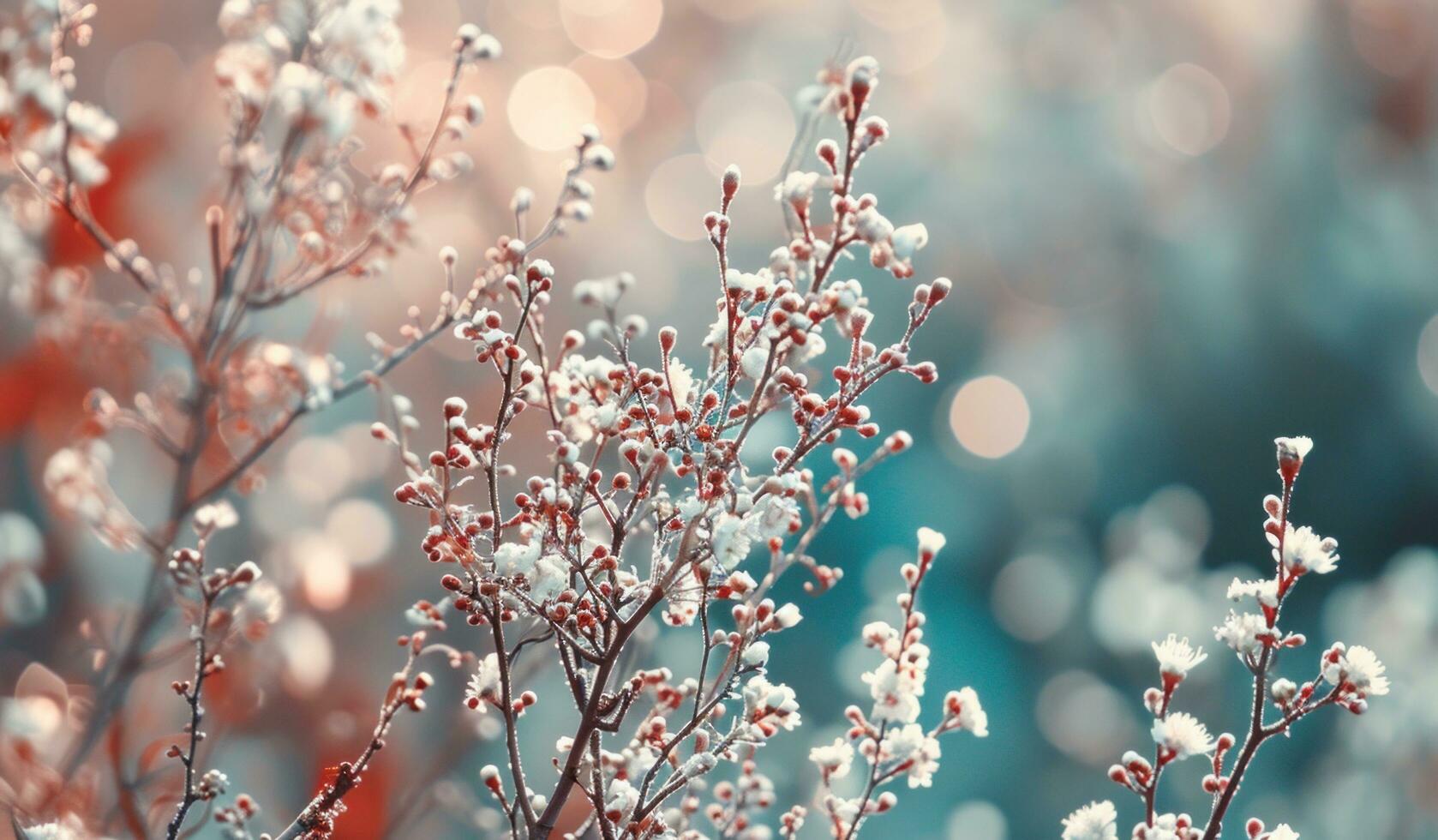 AI generated bokeh, color fading and white branches with white flowers photo