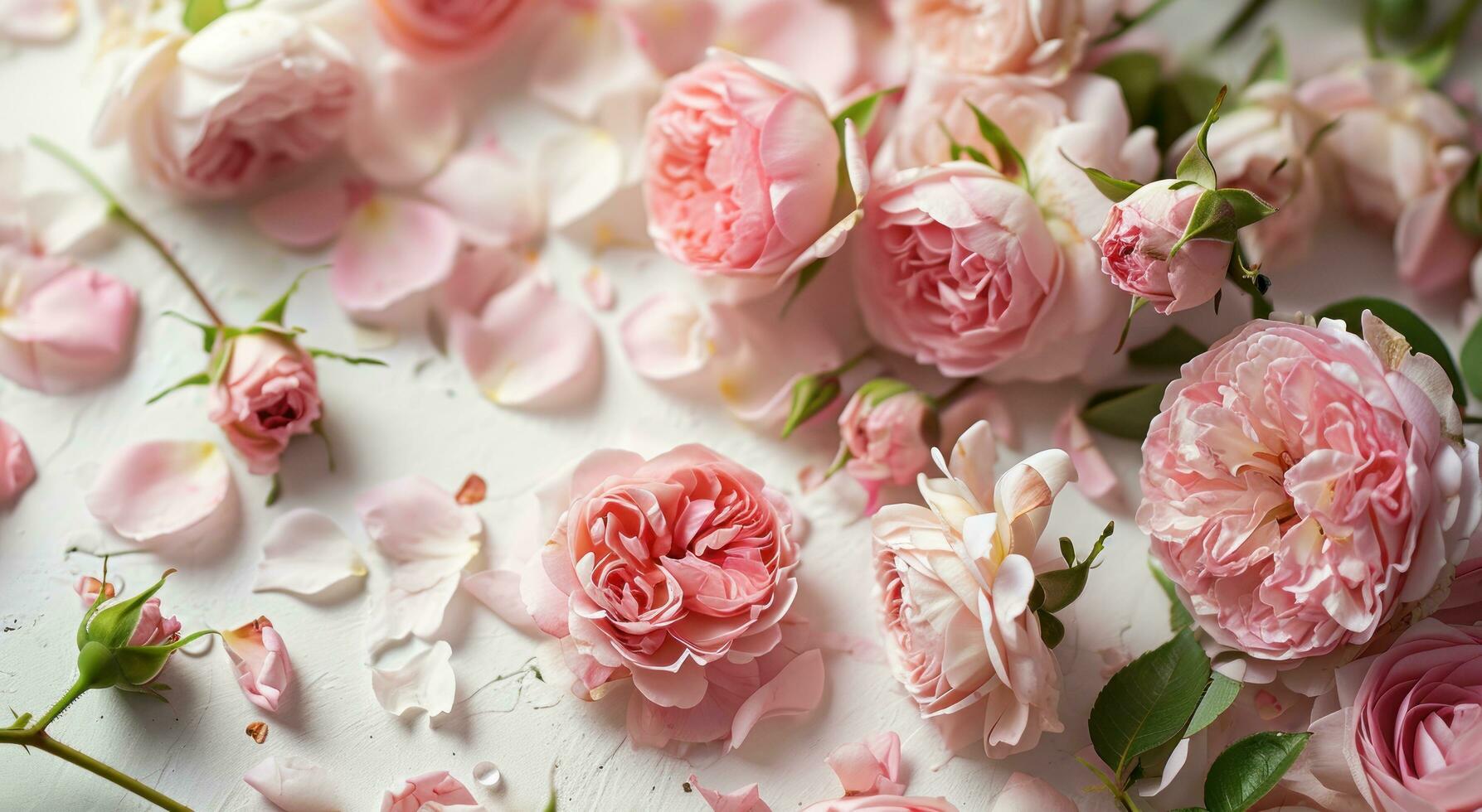 ai generado blanco papel con rosado rosas y pétalo flores antecedentes foto