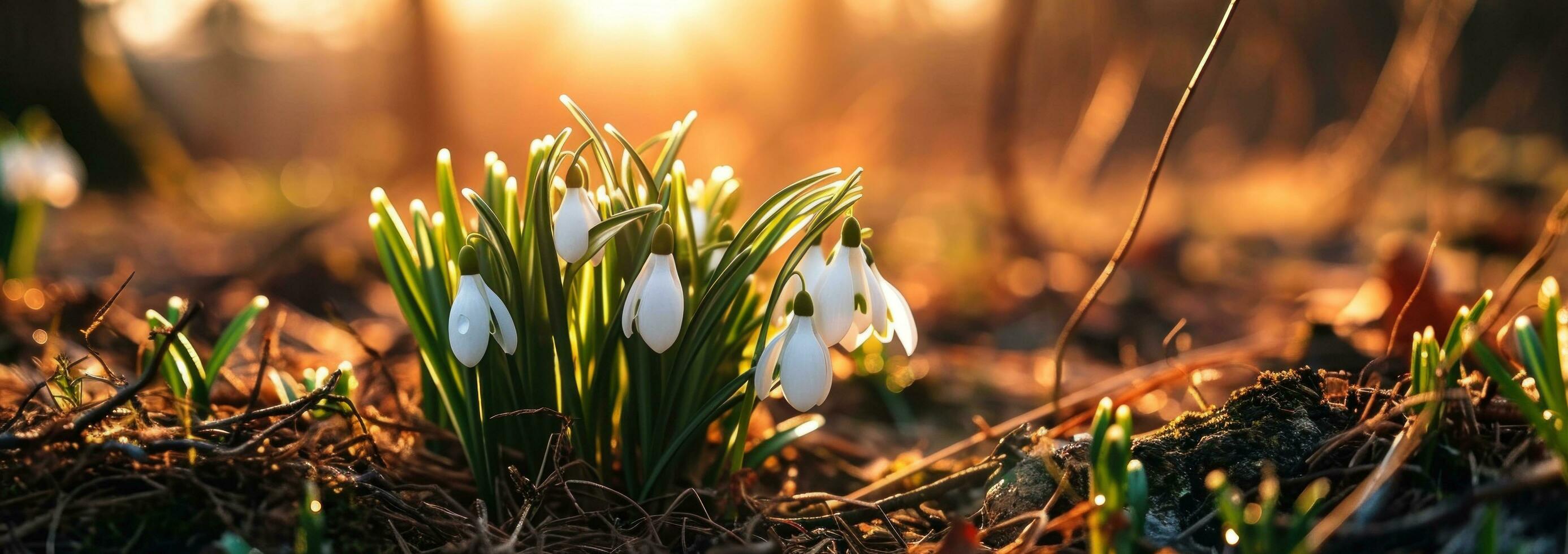 AI generated beautiful snowdrop flowers in green grass with sun photo