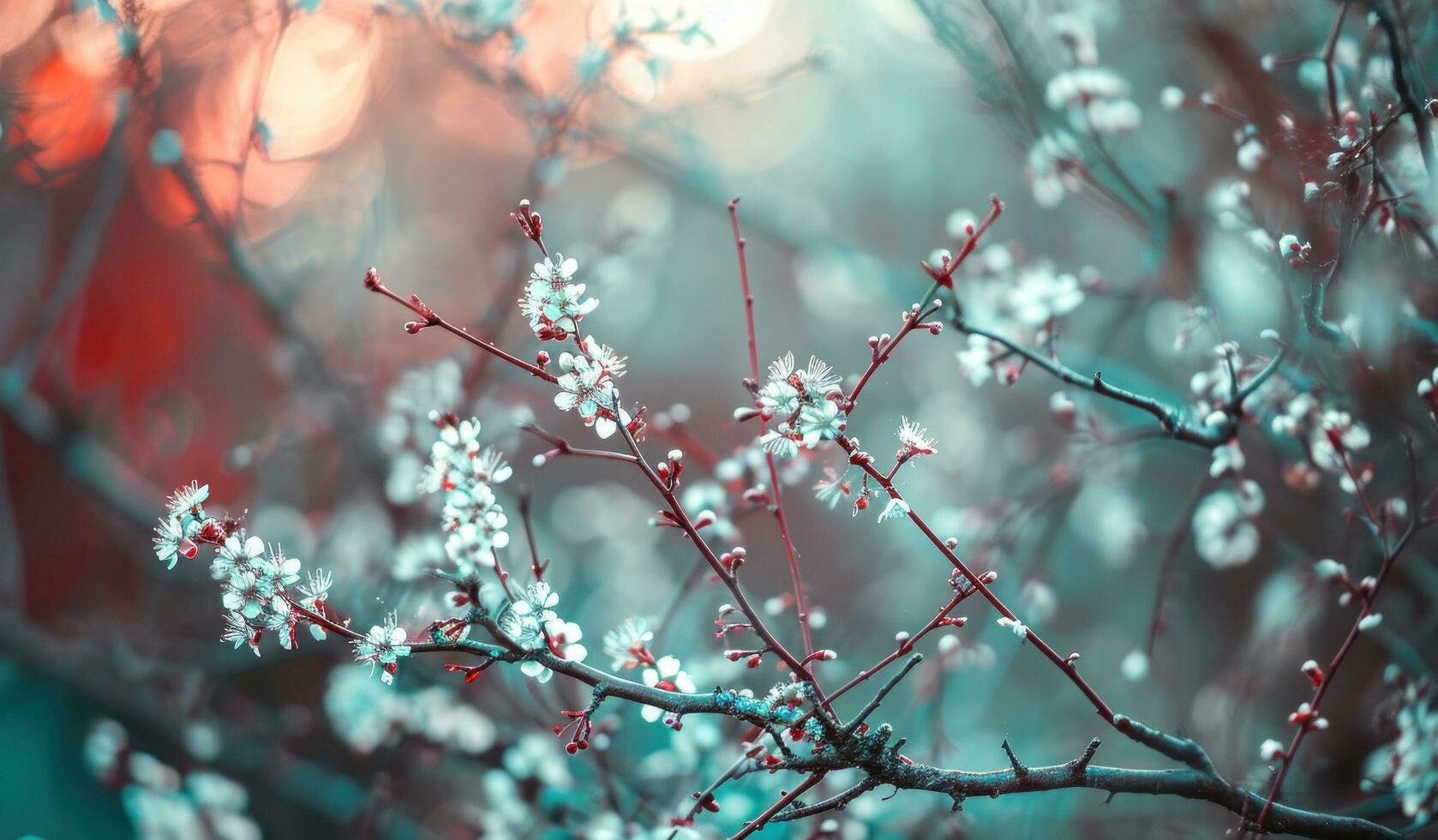 AI generated bokeh, color fading and white branches with white flowers photo