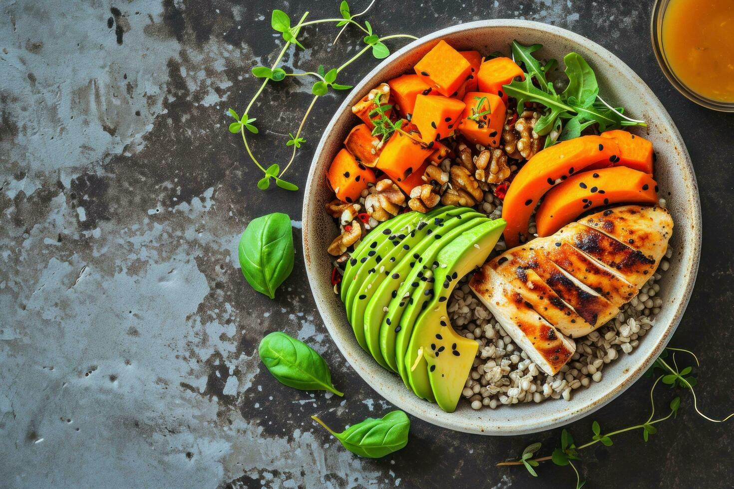 AI generated Bowl Buddha. Buckwheat, pumpkin, chicken fillet, avocado, carrots photo