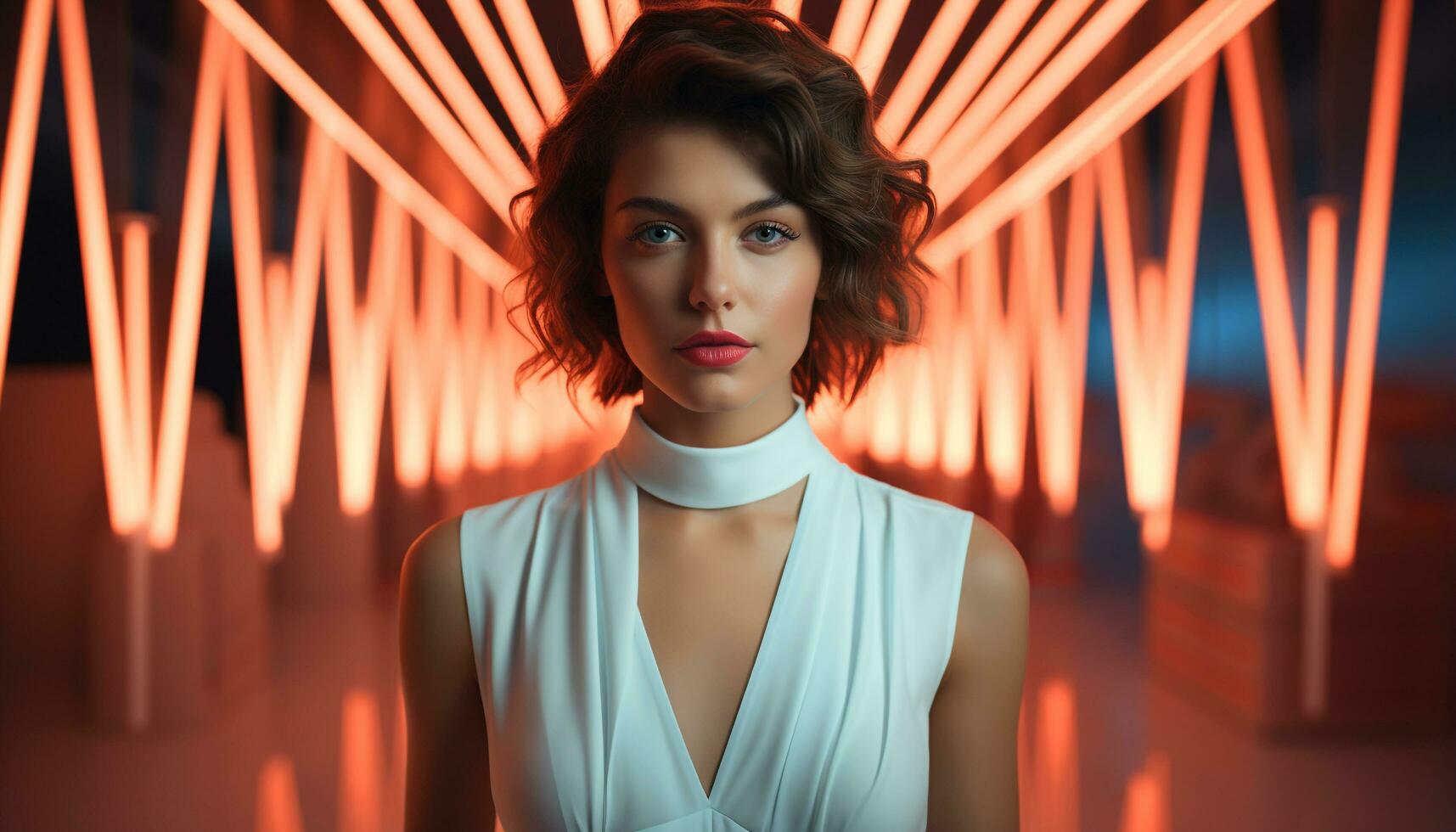 AI generated Beautiful woman in a glamorous dress, looking sensually at camera generated by AI photo
