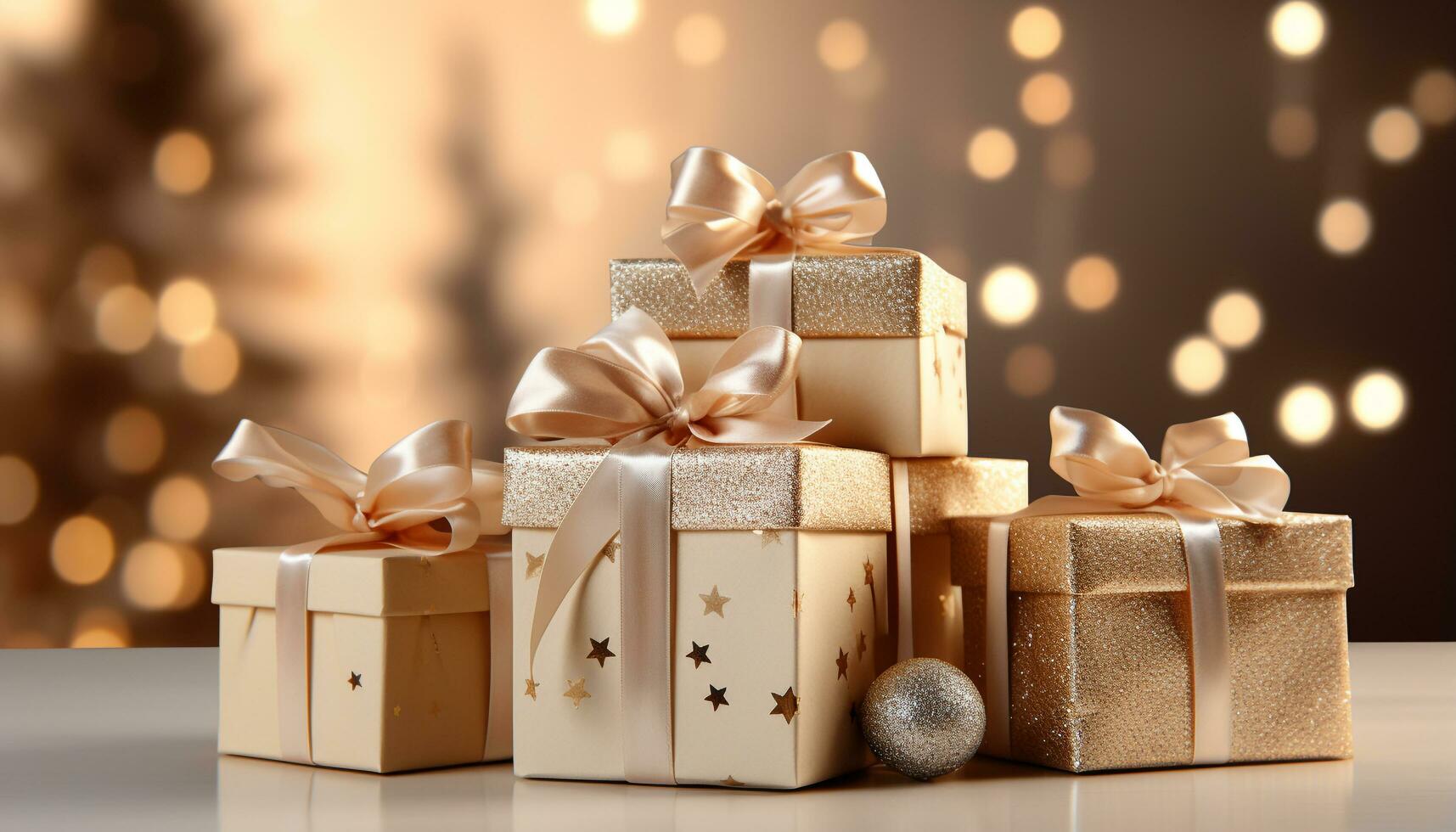 AI generated A shiny gold gift box wrapped in glittery wrapping paper generated by AI photo