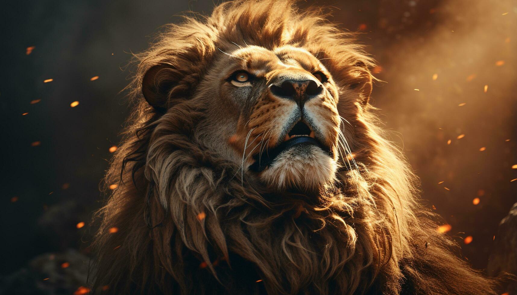 AI generated Majestic lion, fierce hunter, staring into the snowy night generated by AI photo