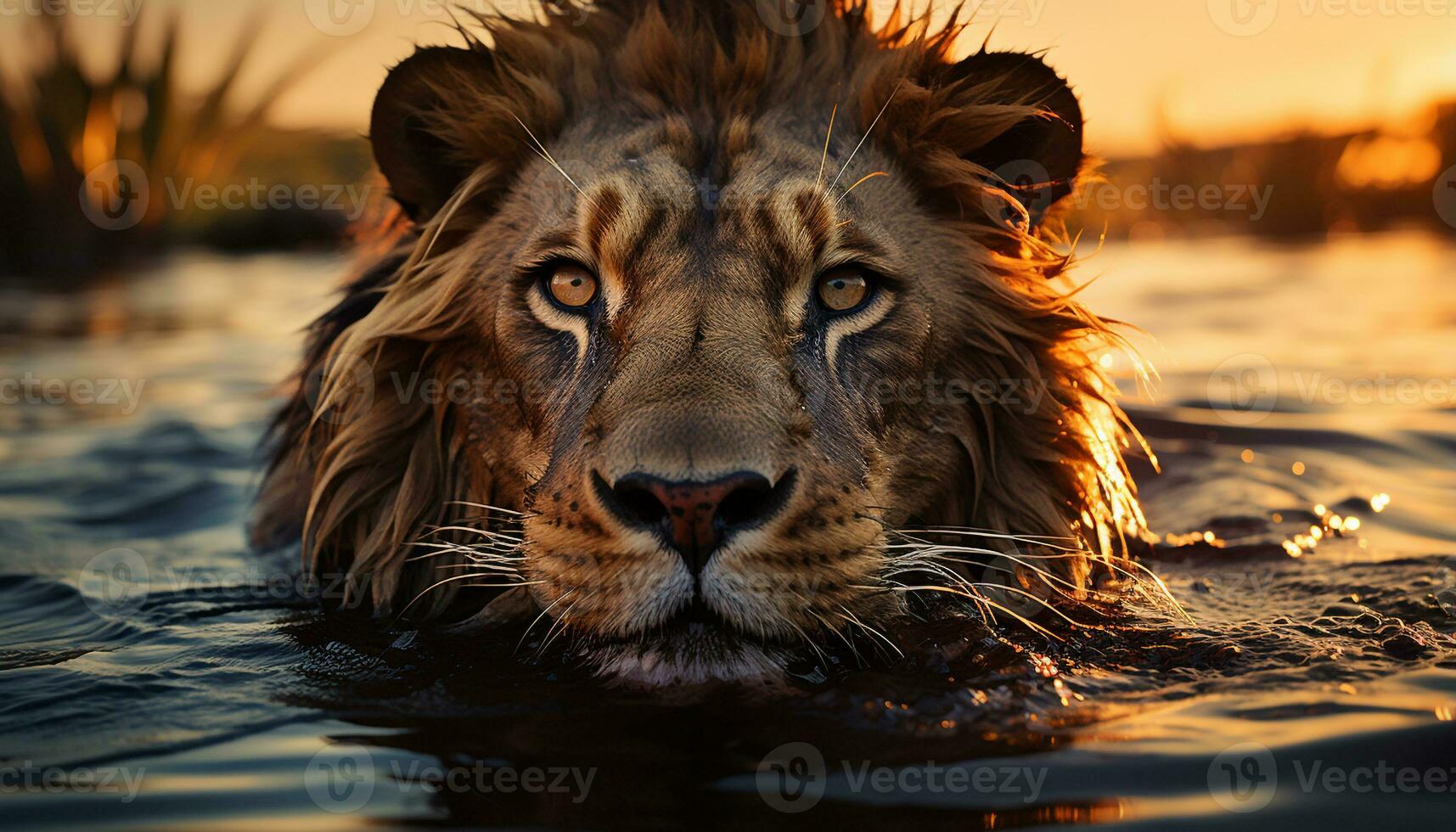 AI generated Majestic lion staring, reflecting beauty in nature tranquil wilderness generated by AI photo