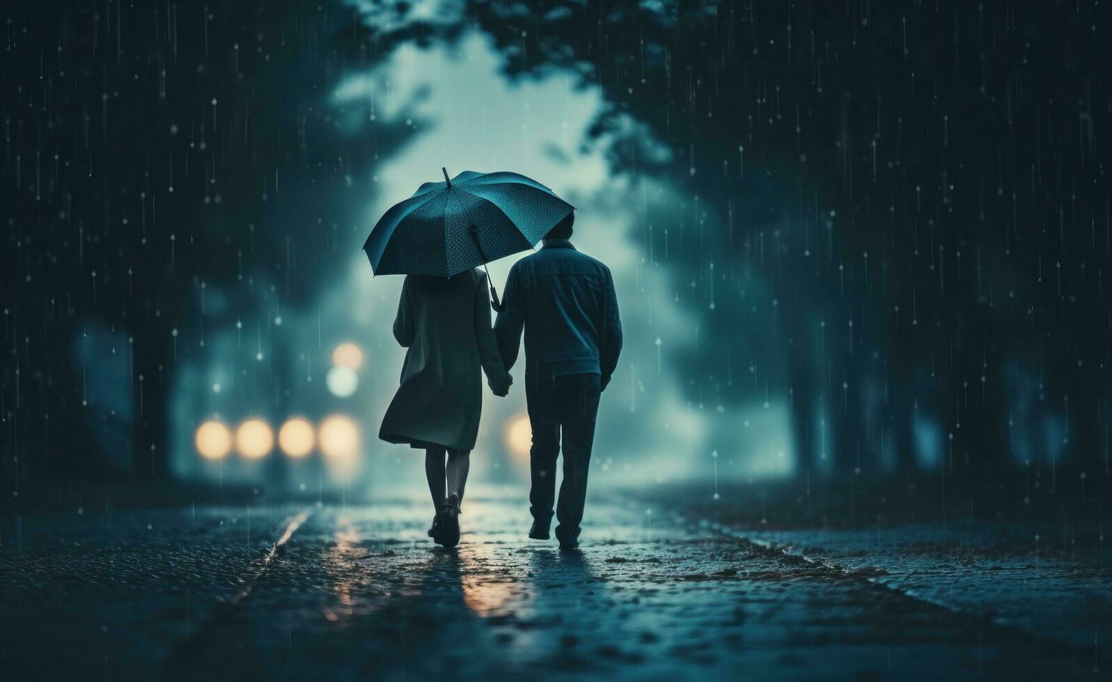 AI generated couple walking hand in hand in rainy day with umbrella in rain photo