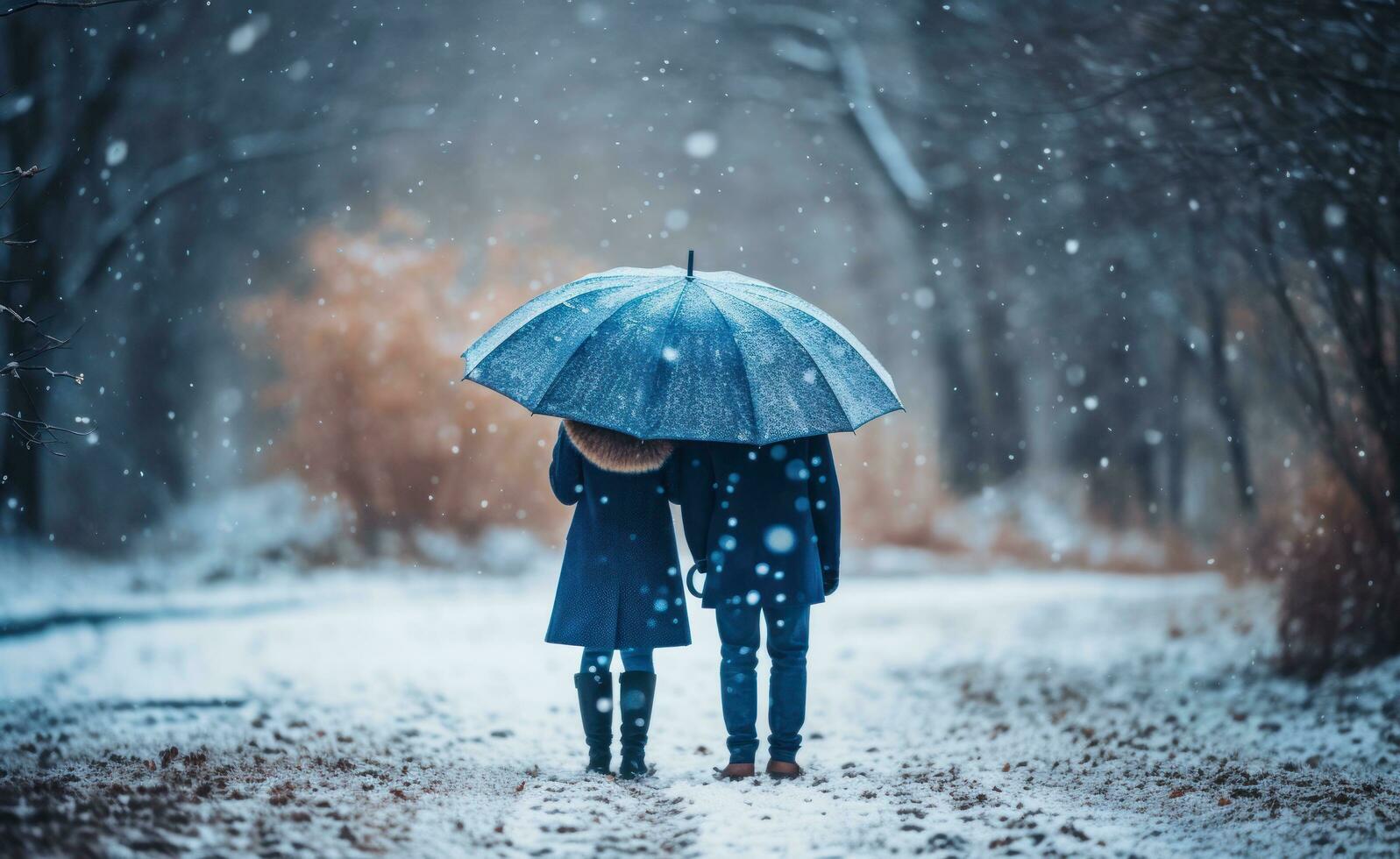 AI generated couple walking hand in hand in rainy day with umbrella in rain photo