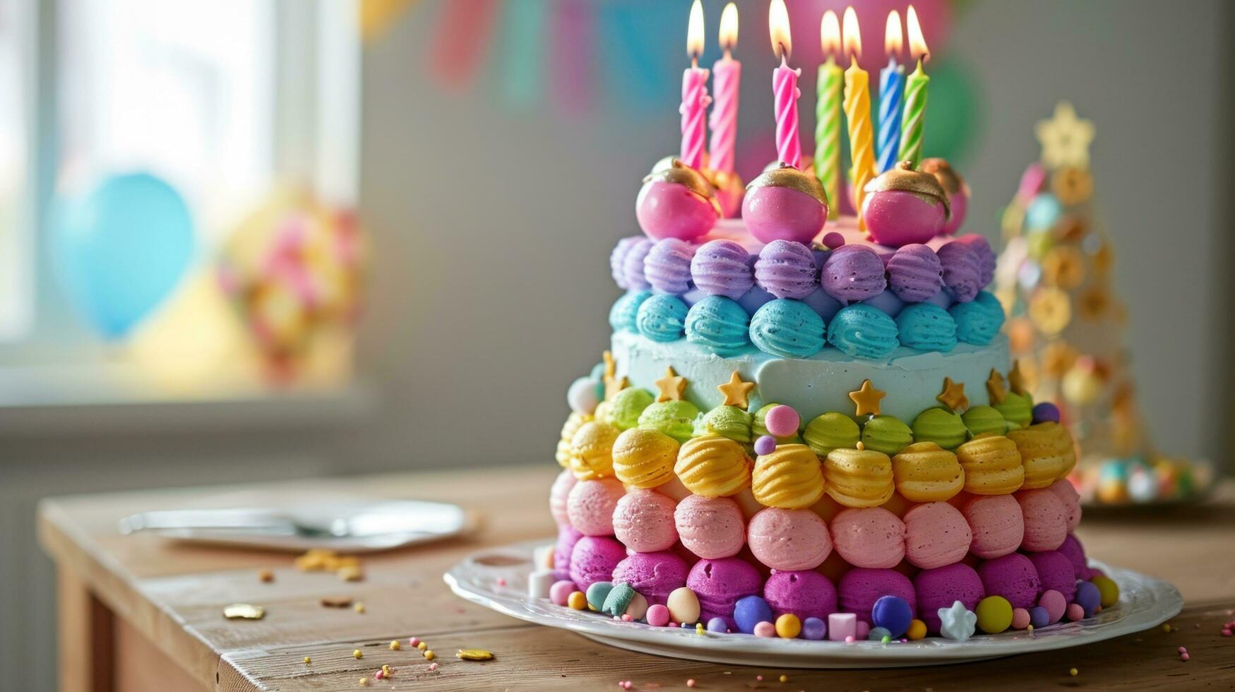 AI generated Colorful topsy turvy birthday cake with candles photo