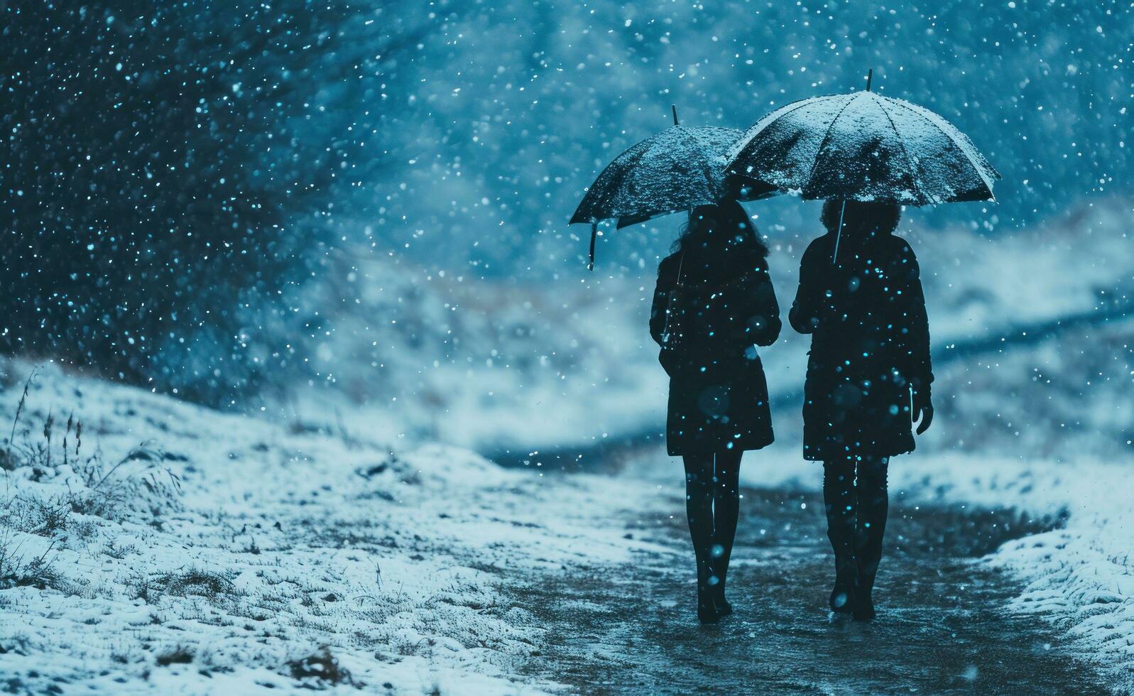 AI generated couple walking hand in hand in rainy day with umbrella in rain photo