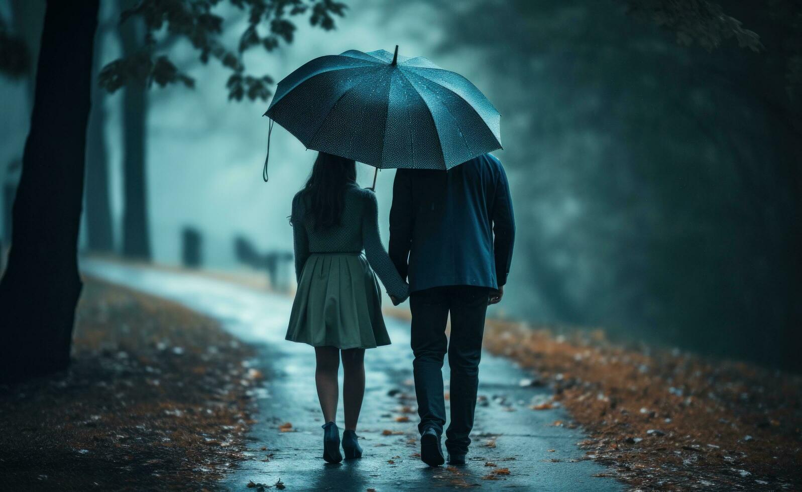 AI generated couple walking hand in hand in rainy day with umbrella in rain photo