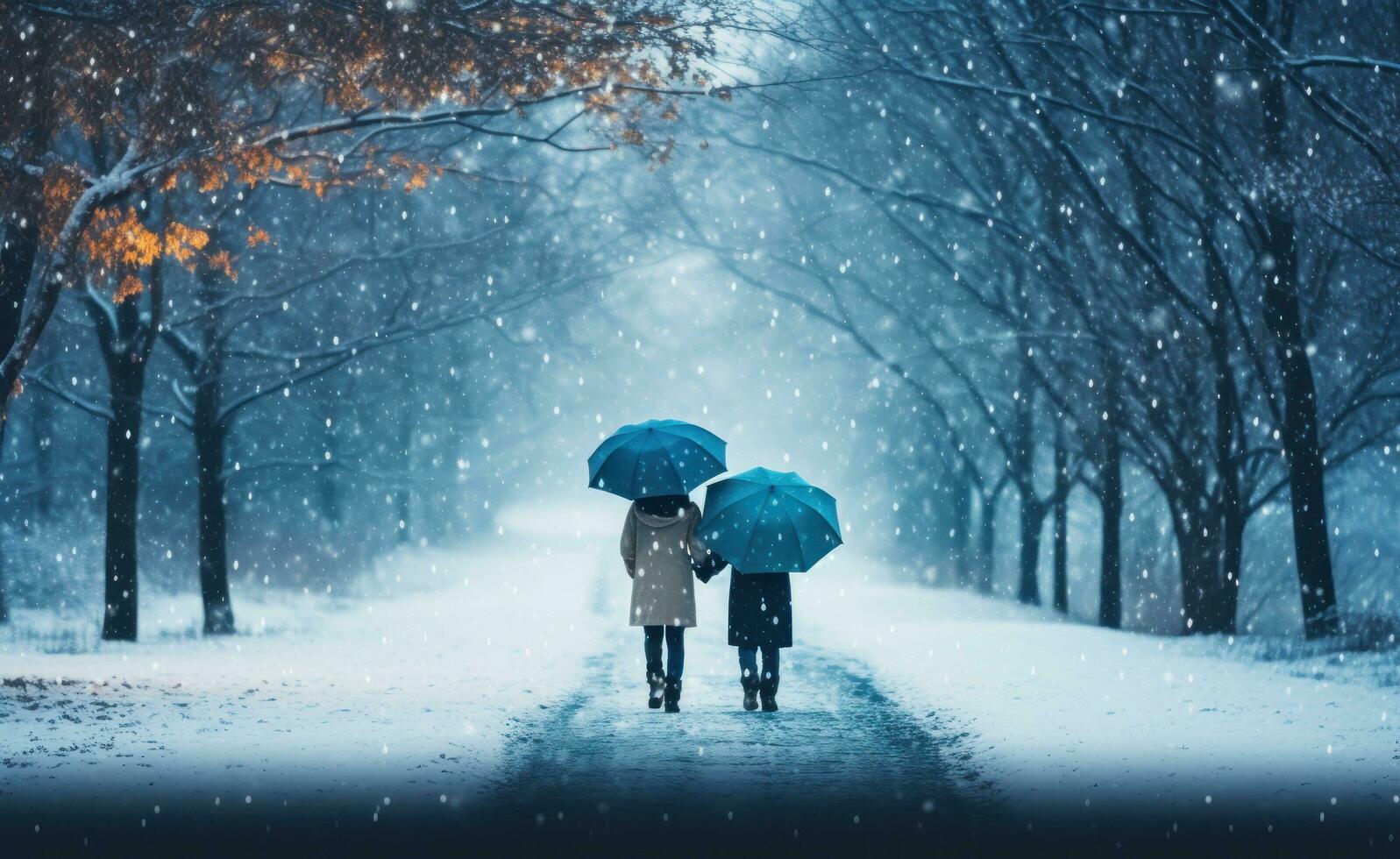 AI generated couple walking hand in hand in rainy day with umbrella in rain photo
