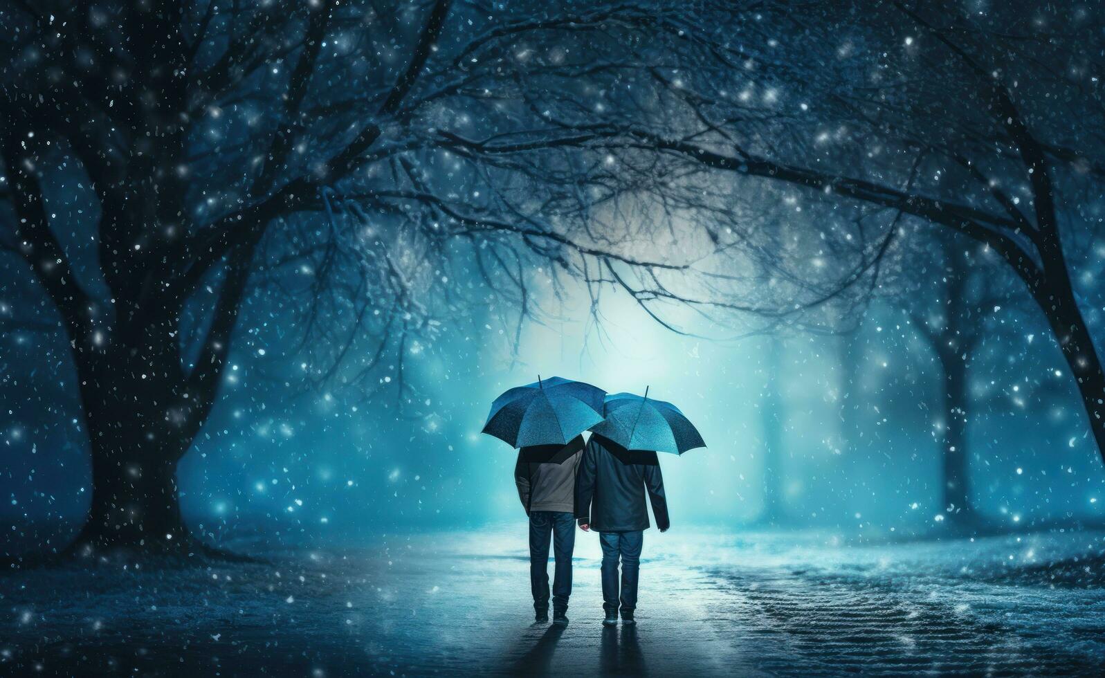 AI generated couple walking hand in hand in rainy day with umbrella in rain photo