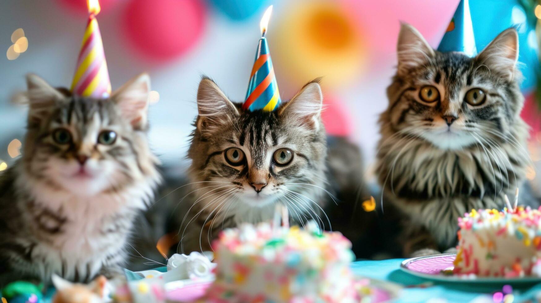 AI generated cute happy cats with a birthday cake celebrating at a birthday party photo