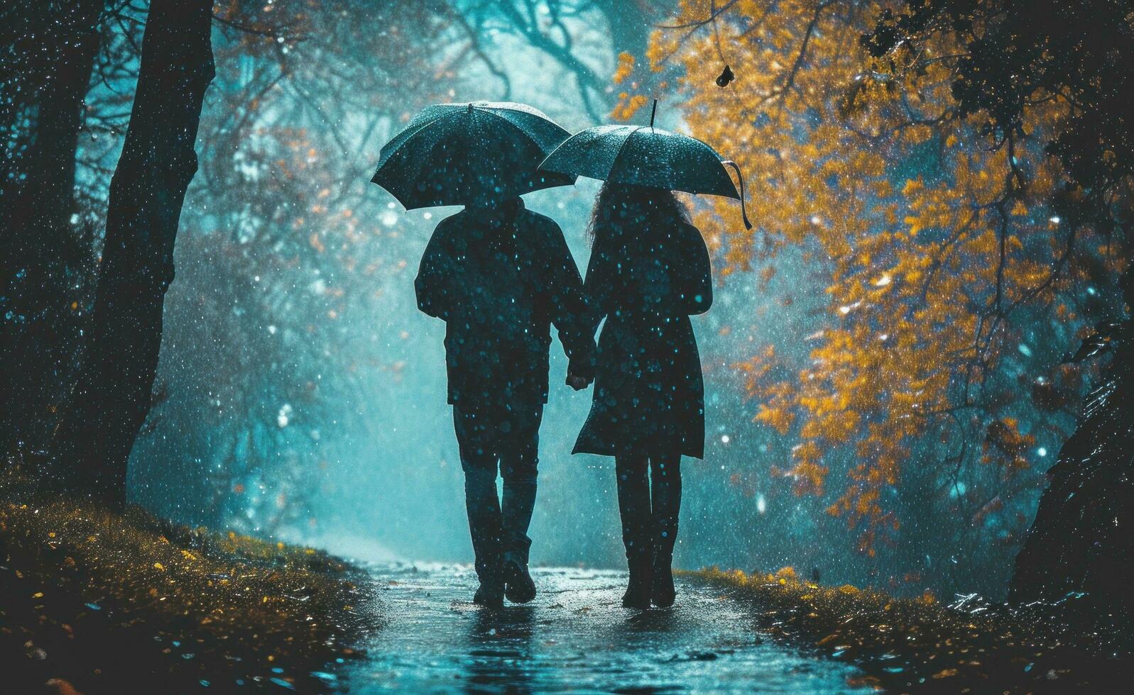 AI generated couple walking hand in hand in rainy day with umbrella in rain photo