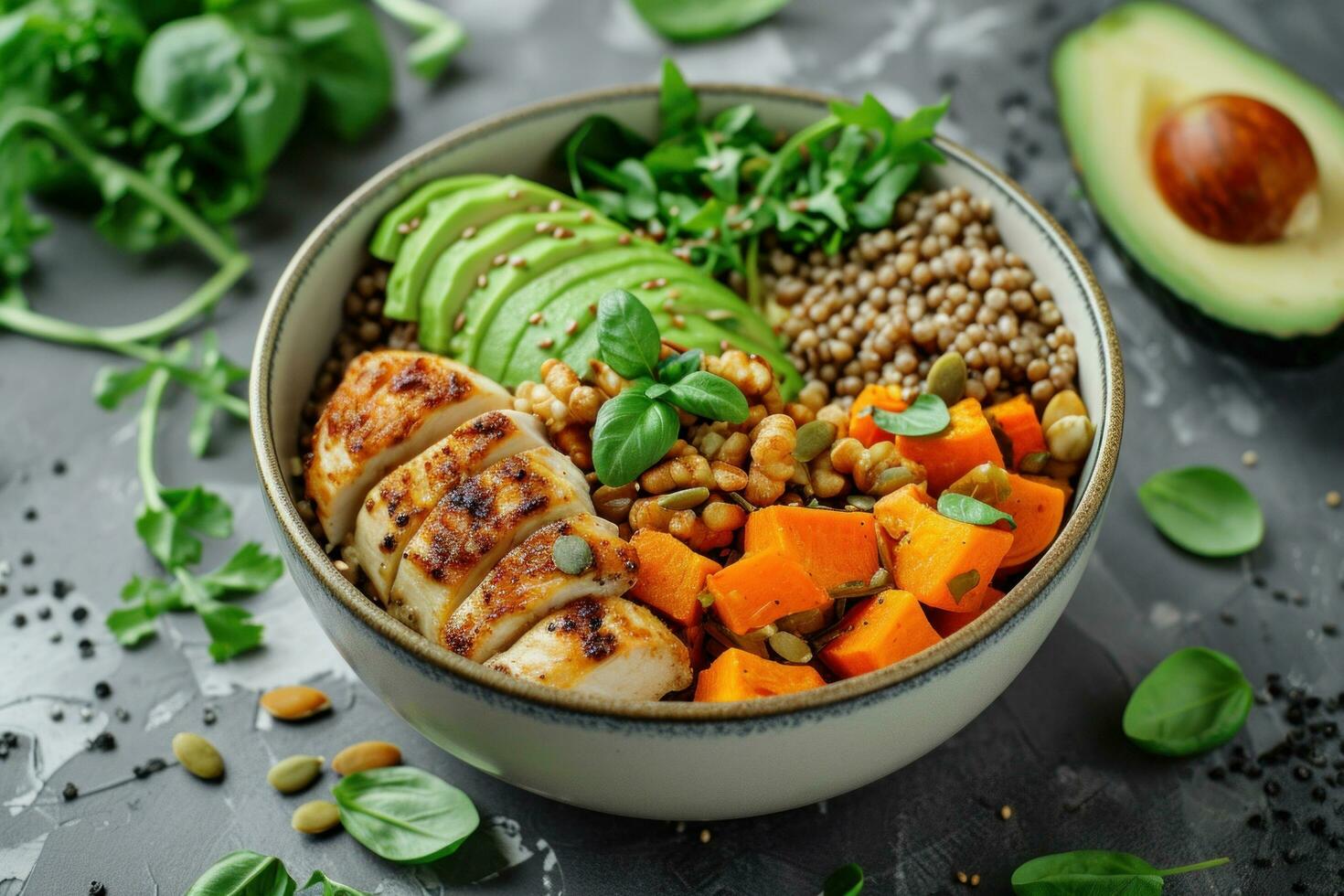 AI generated Bowl Buddha. Buckwheat, pumpkin, chicken fillet, avocado, carrots photo