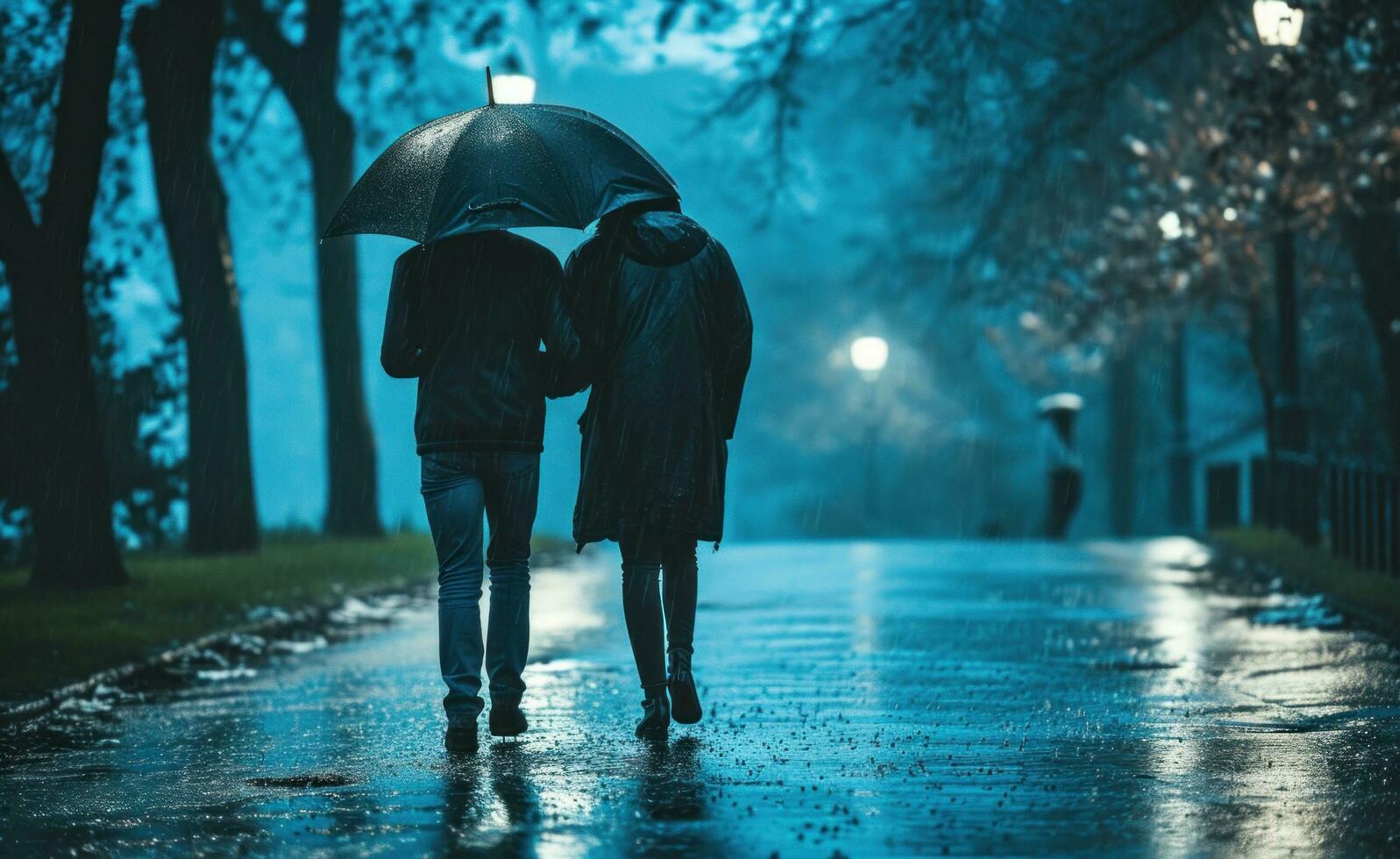 AI generated couple walking hand in hand in rainy day with umbrella in rain photo