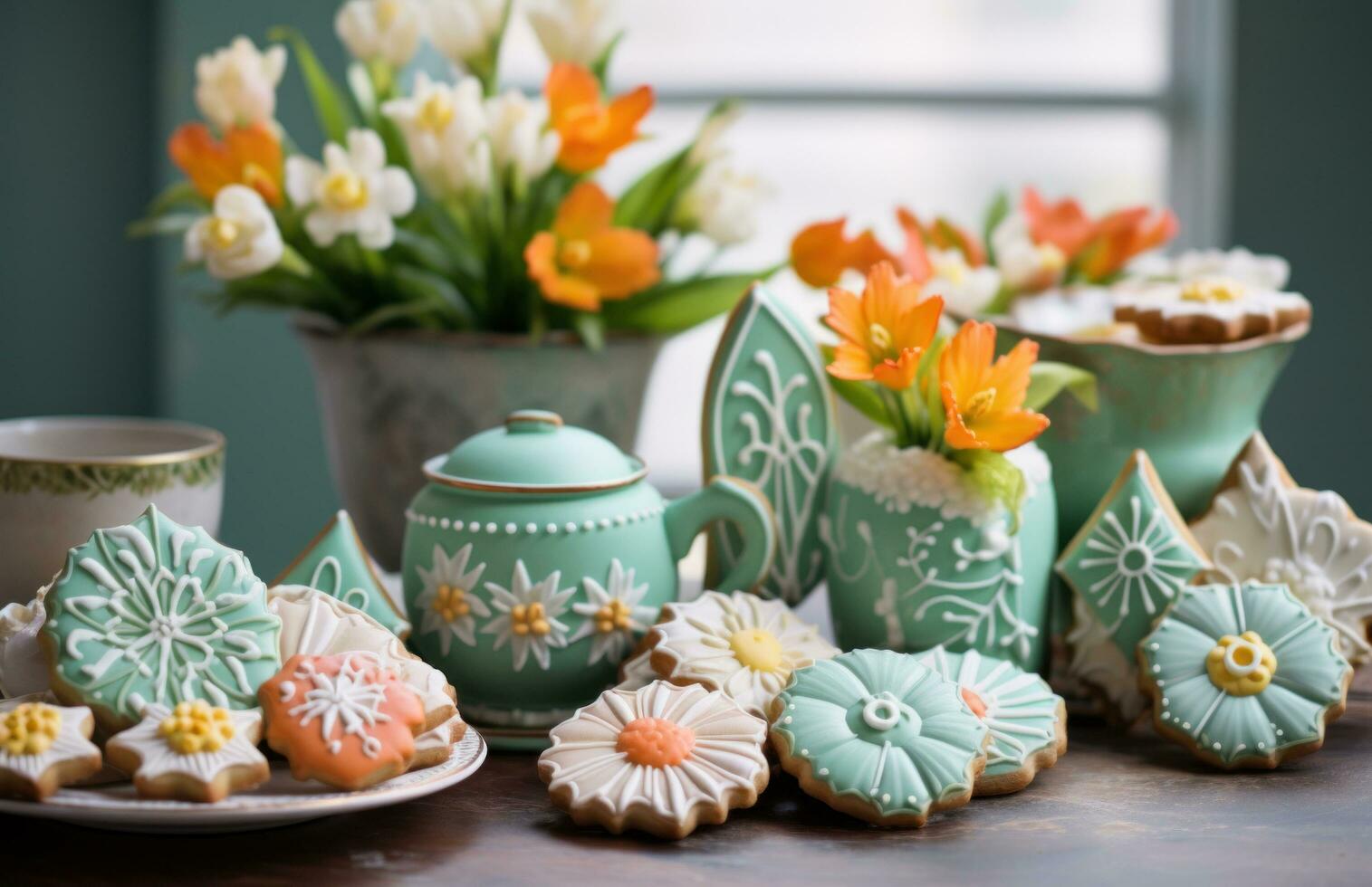 AI generated easter cookies are on a table with flowers and some photo