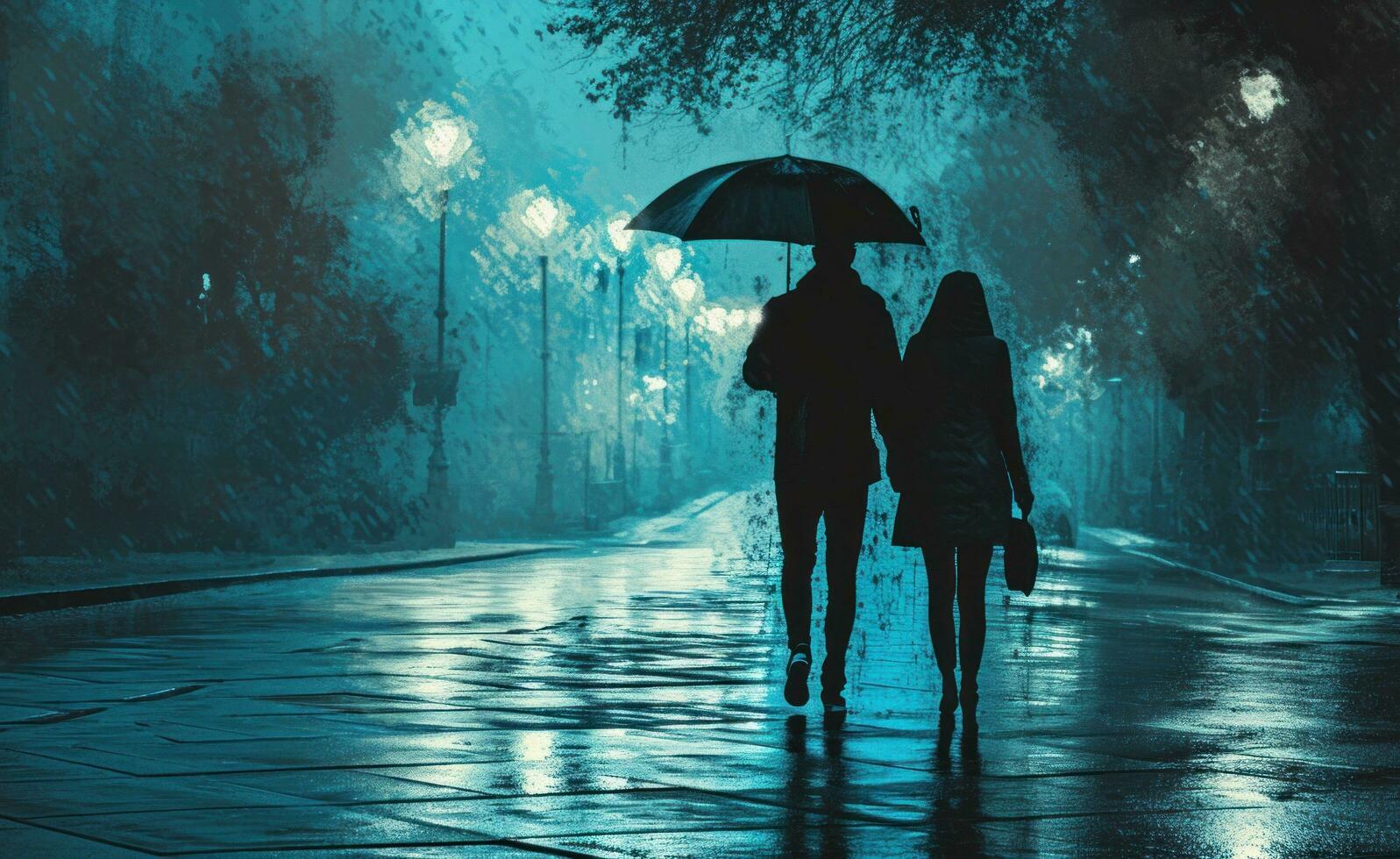 AI generated couple walking hand in hand in rainy day with umbrella in rain photo