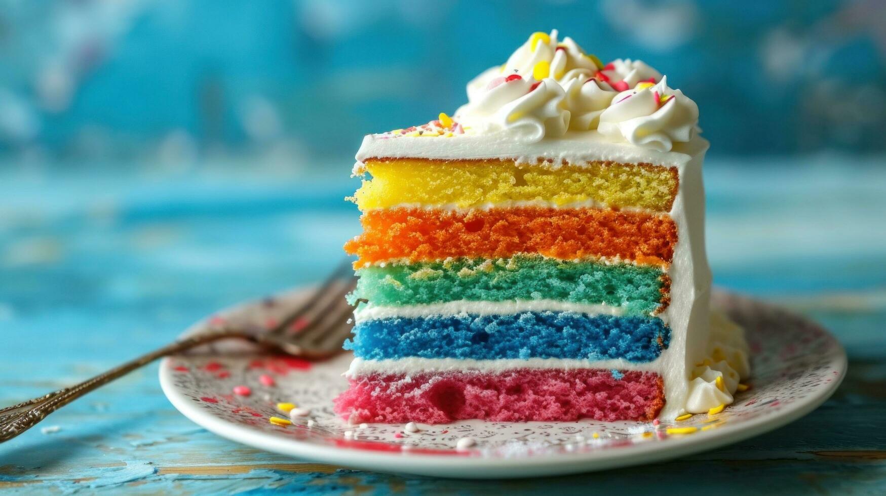 AI generated Delicious Rainbow Cake with Whipped Cream Topping photo