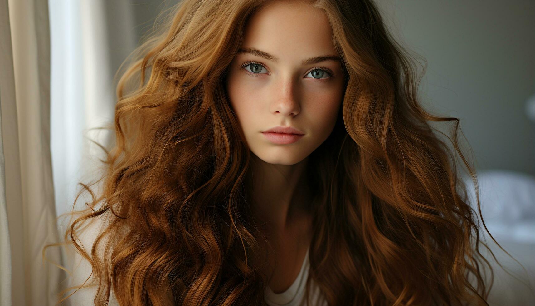 AI generated Beautiful woman with long curly hair looking confidently at camera generated by AI photo