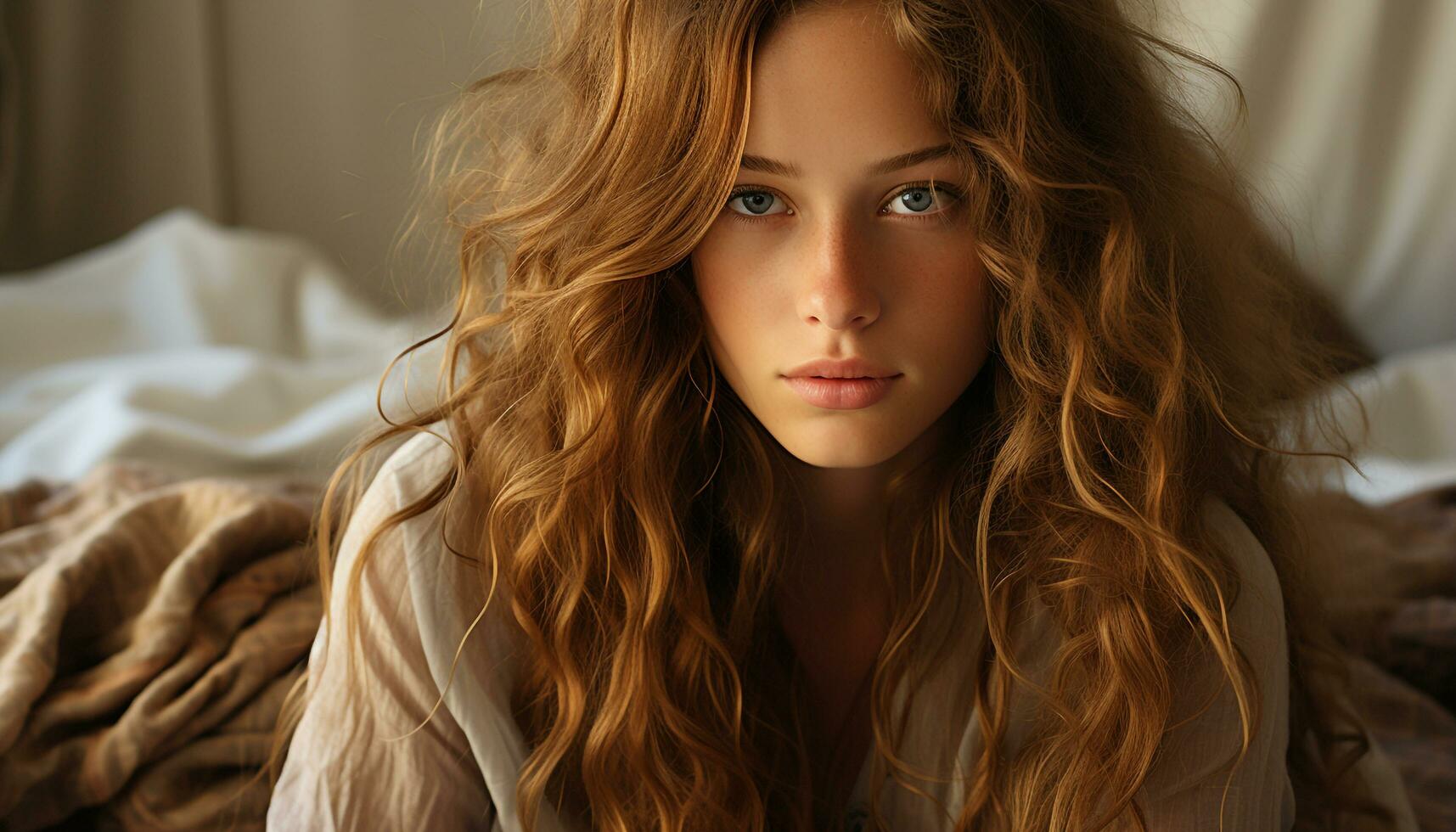 AI generated Beautiful woman with long curly hair looking at camera in bedroom generated by AI photo