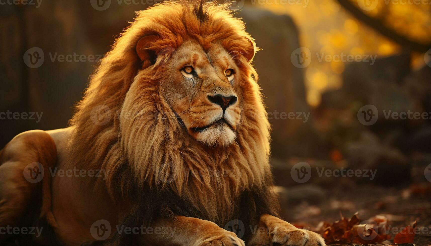 AI generated Majestic lion resting, looking at camera, in tranquil savannah generated by AI photo