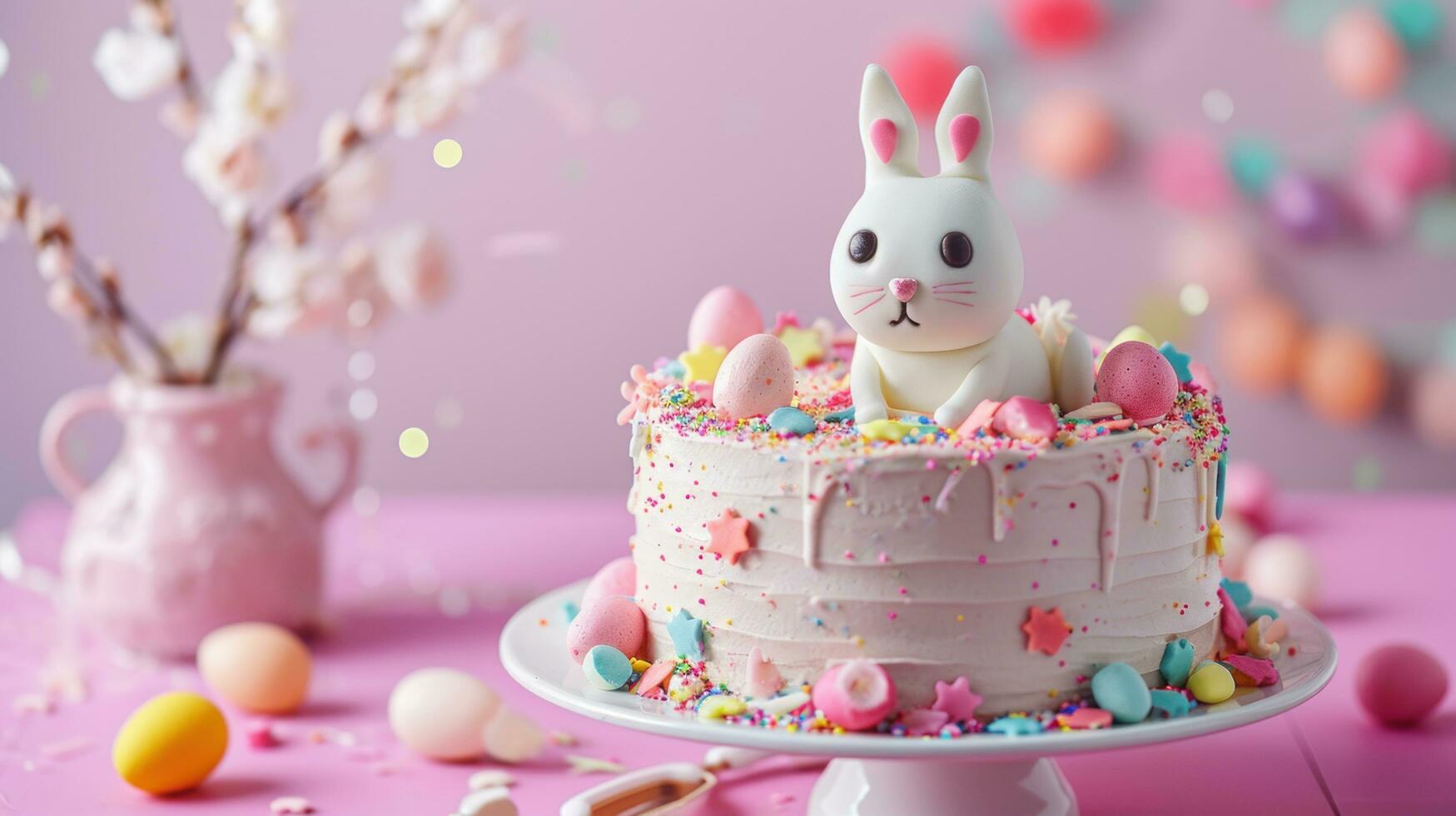 ai generado Pascua de Resurrección conejito celebracion pastel en un rosado antecedentes foto