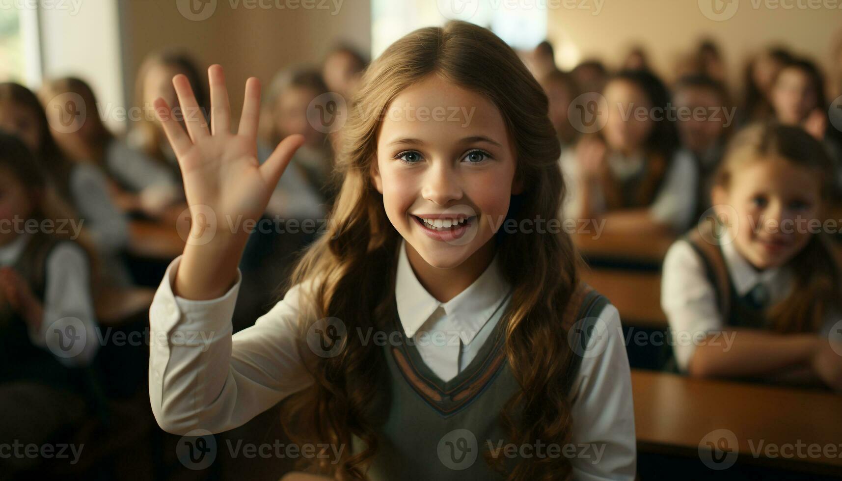 AI generated Smiling school children studying, learning, and answering with confidence generated by AI photo