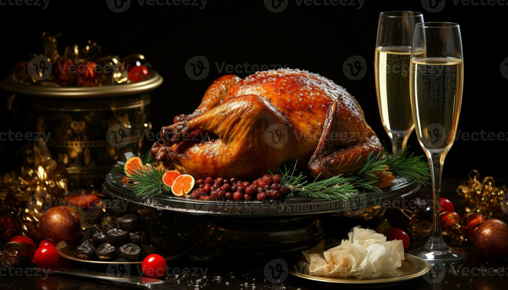 AI generated Roast turkey, cranberry, wine, gourmet meal, homemade celebration generated by AI photo