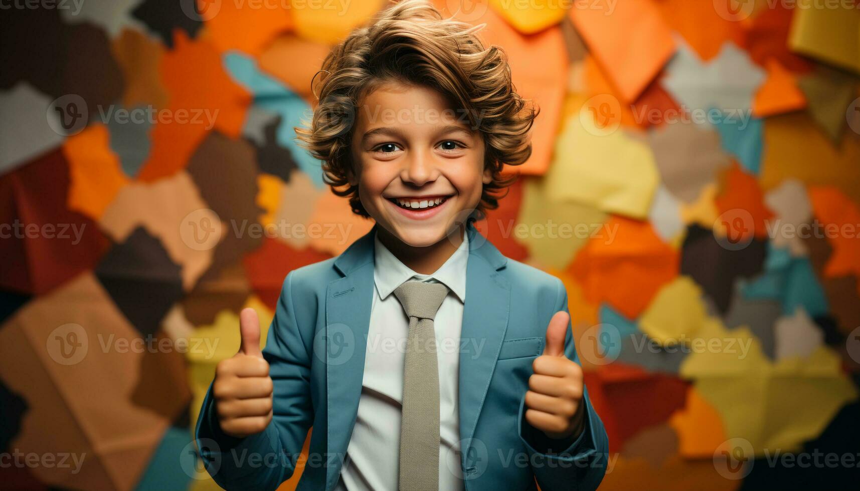 AI generated Smiling schoolboy in suit, confident and successful, looking at camera generated by AI photo