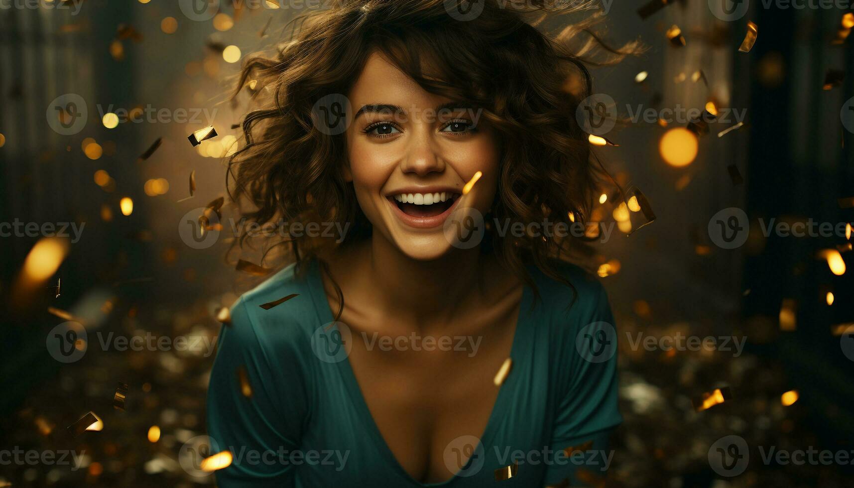 AI generated A beautiful young woman smiling, celebrating with joy at a party generated by AI photo