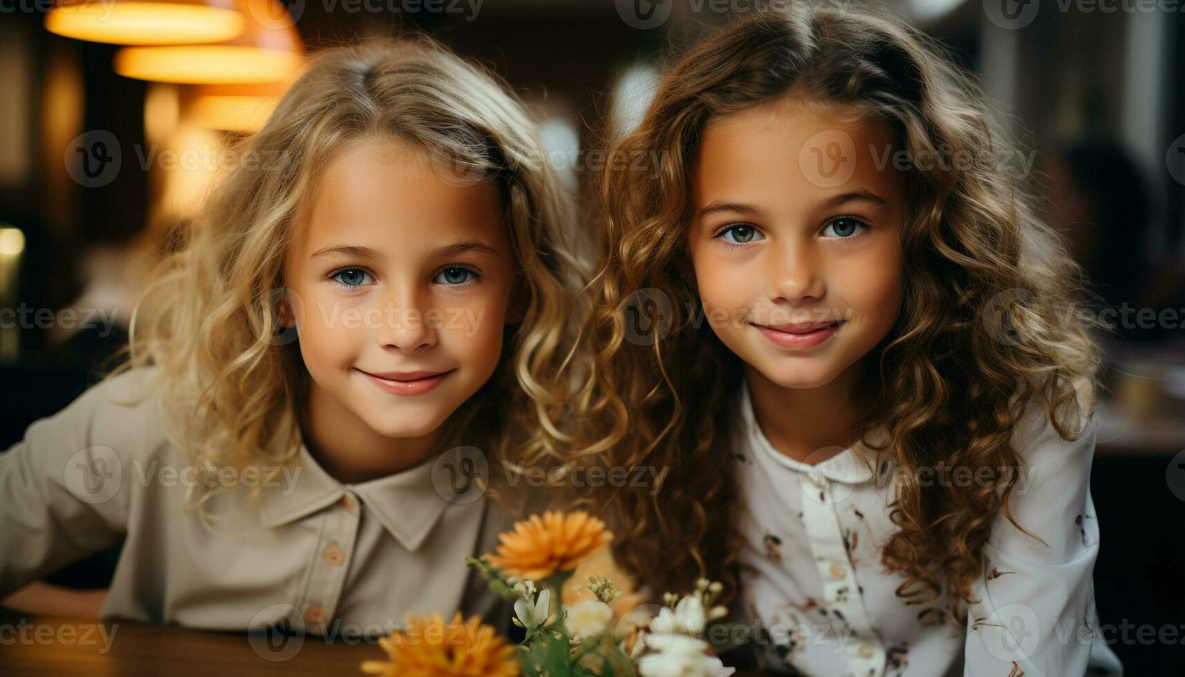 AI generated Two cute girls smiling, looking at camera, indoors, portrait generated by AI photo