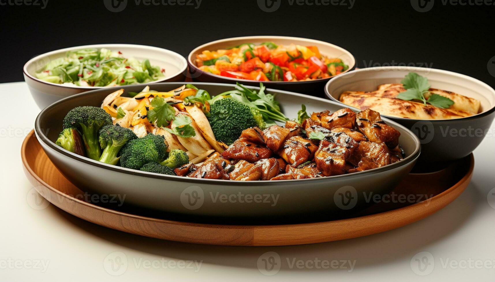 AI generated Freshness on plate grilled chicken, tomato salad, steamed vegetables generated by AI photo