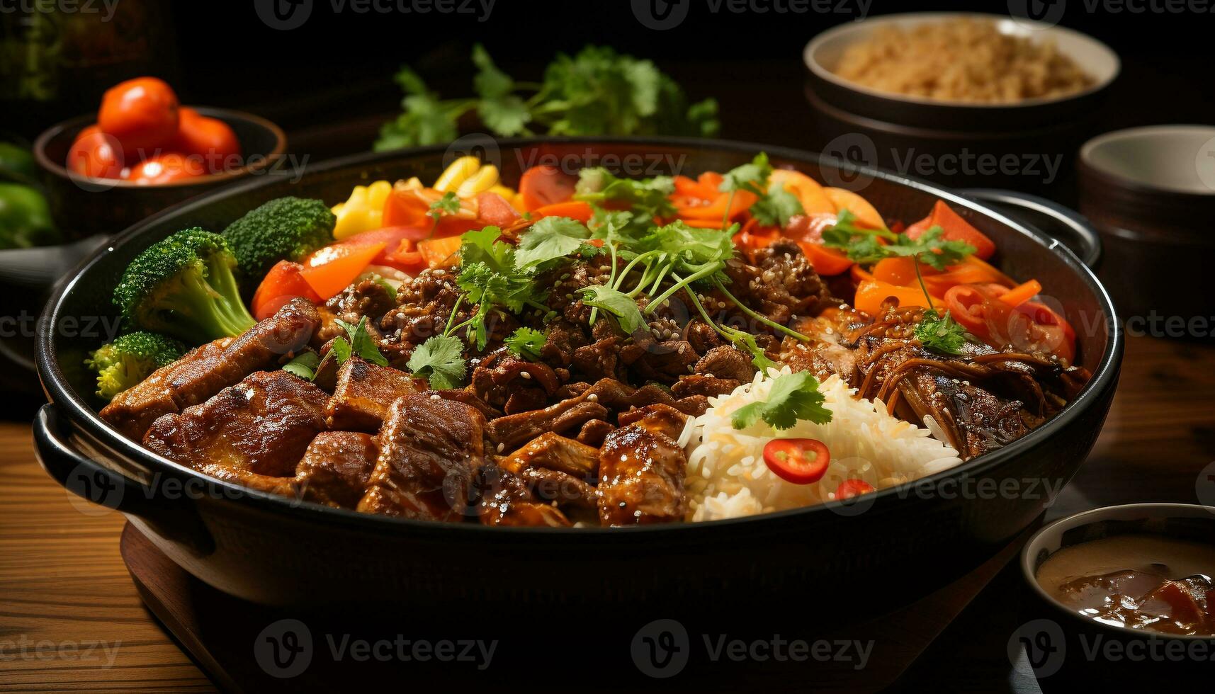 AI generated Freshness on plate grilled beef, vegetable salad, homemade sauce generated by AI photo