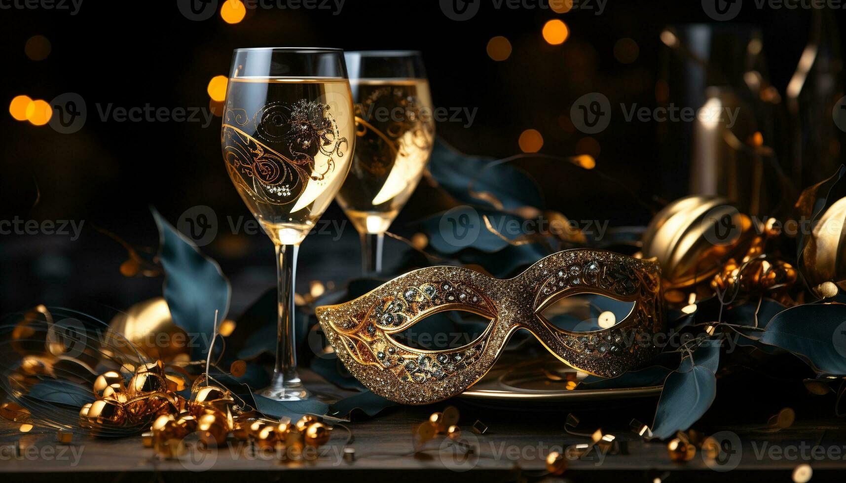 AI generated Celebration of joy, champagne flows, golden night of fun generated by AI photo