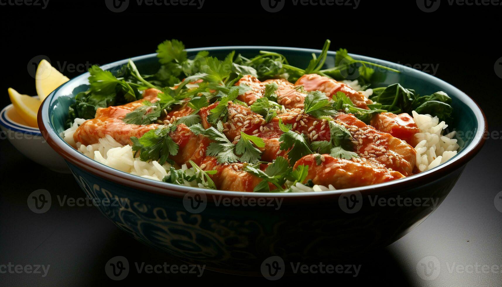 AI generated Healthy vegetarian meal Fresh salad with cooked rice and vegetables generated by AI photo