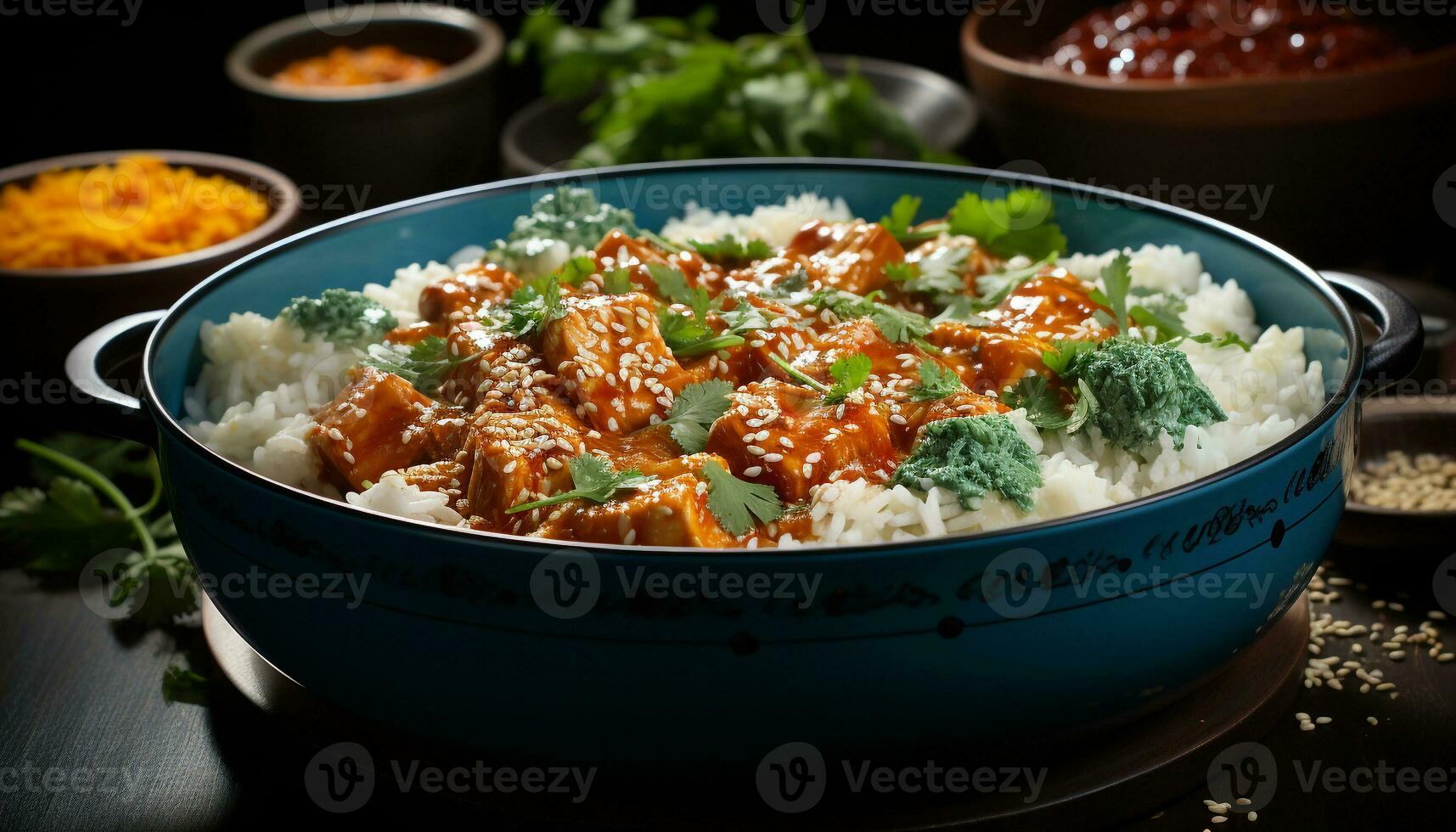AI generated Healthy meal grilled pork with steamed vegetables and rice generated by AI photo