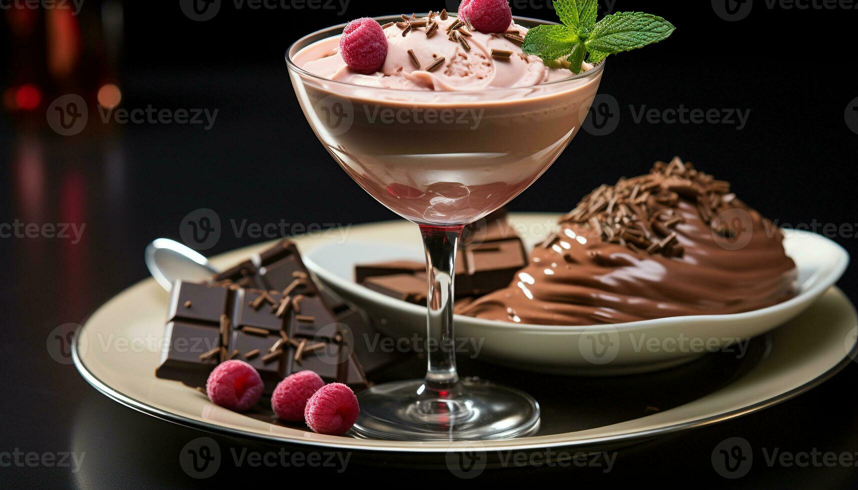 AI generated Gourmet dessert chocolate mousse with raspberry and whipped cream generated by AI photo