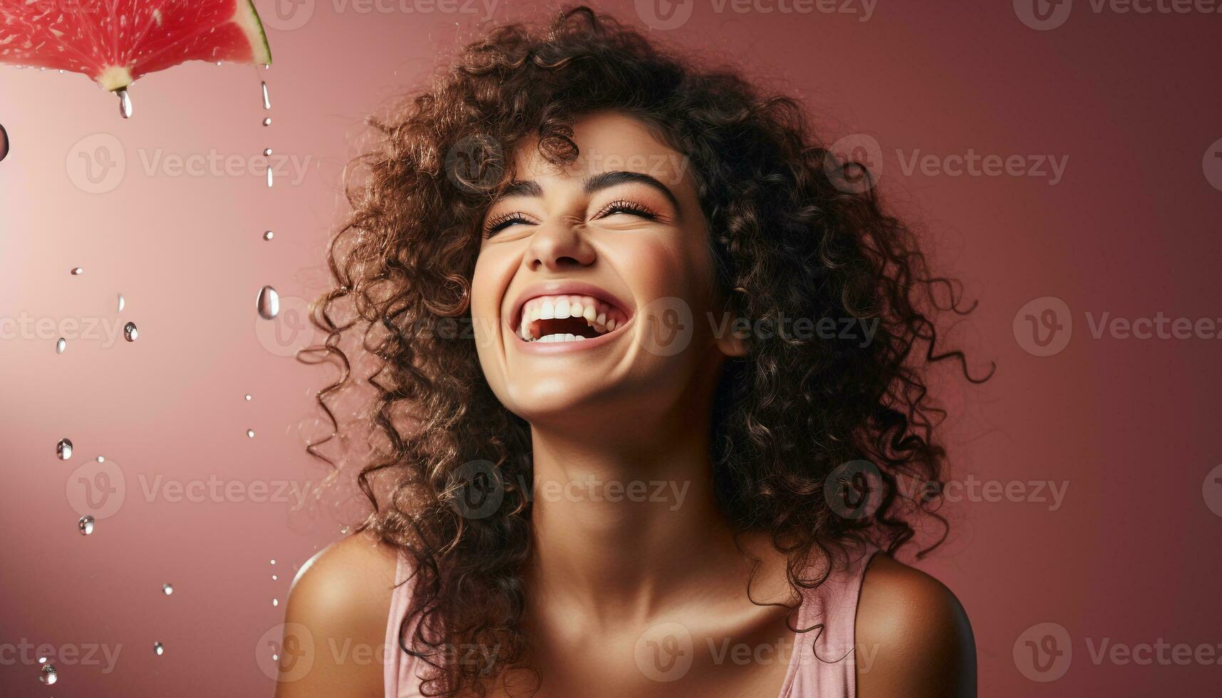 AI generated Young woman with curly hair smiling, enjoying the wet studio shot generated by AI photo
