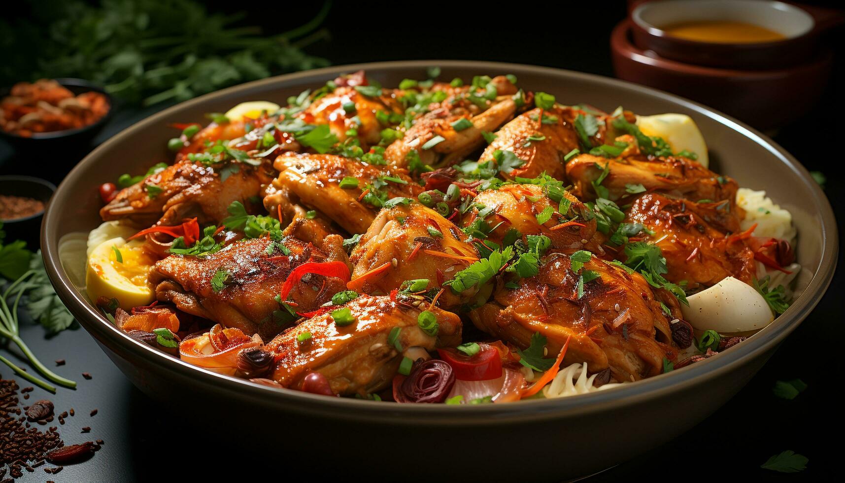 AI generated Grilled chicken with fresh vegetables, served on a wooden plate generated by AI photo