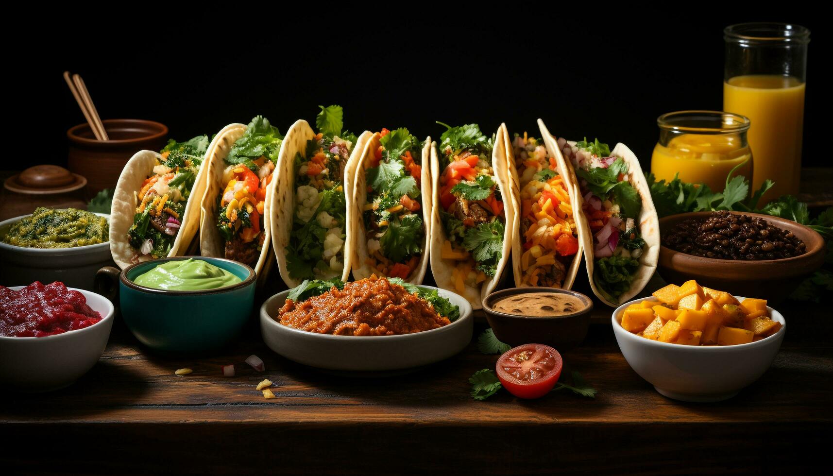 AI generated A fresh, healthy meal guacamole, meat, tomato, taco, vegetable bowl generated by AI photo