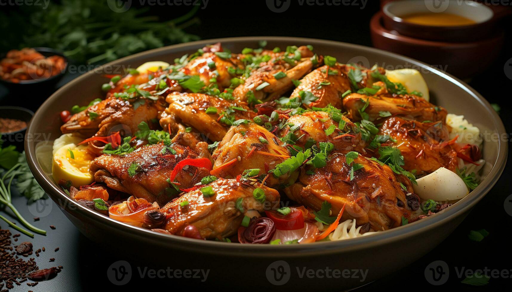 AI generated Grilled chicken with fresh vegetables, served on a wooden plate generated by AI photo
