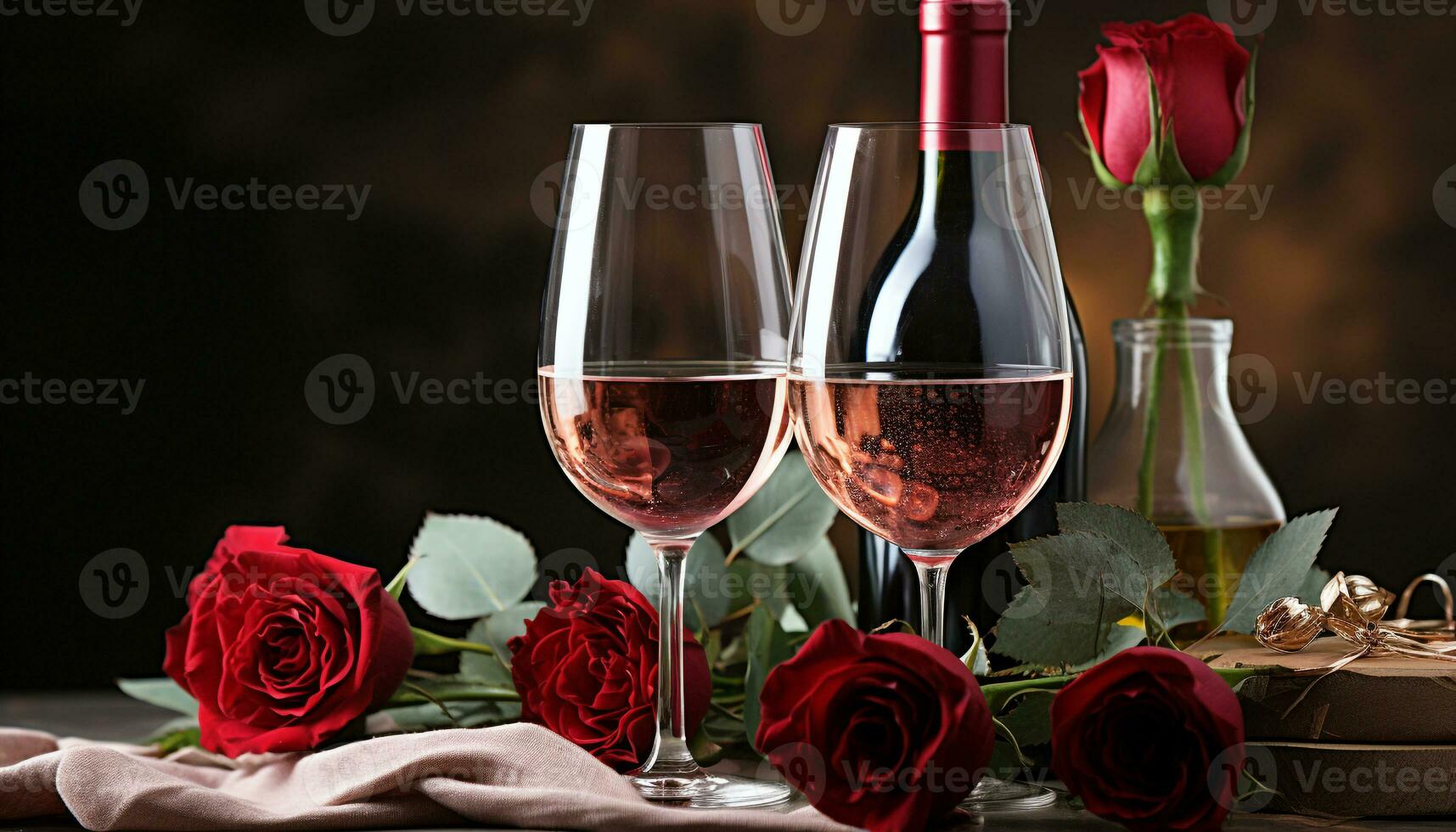 ai generado romance floraciones con vino, flores, y un celebracion de amor generado por ai foto