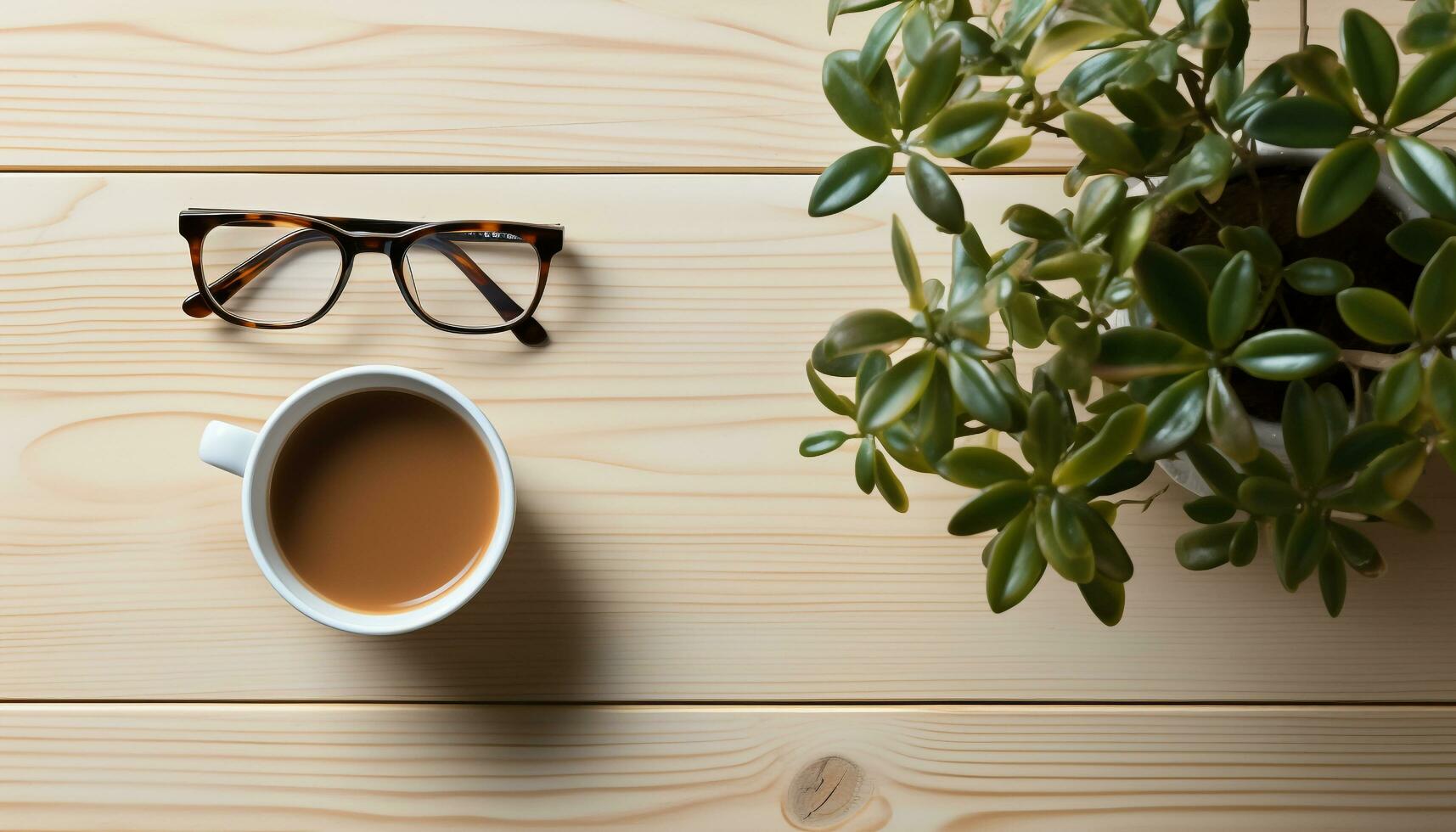 AI generated Coffee cup on wooden desk with plant and book generated by AI photo