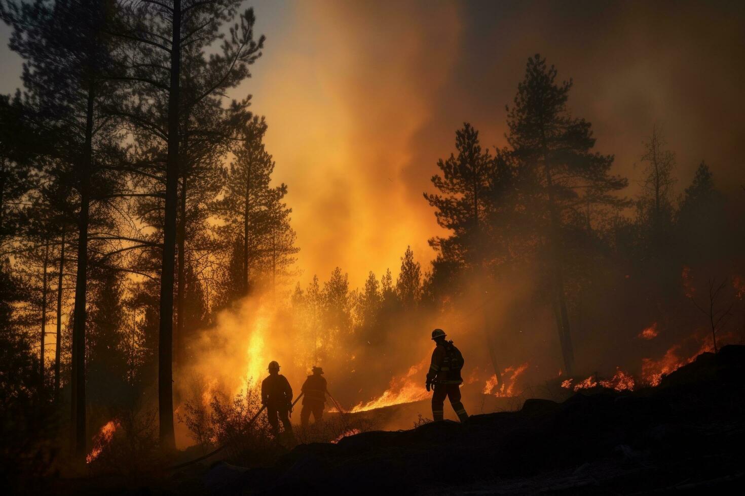 AI generated four firefighters walk through a forest with flames photo
