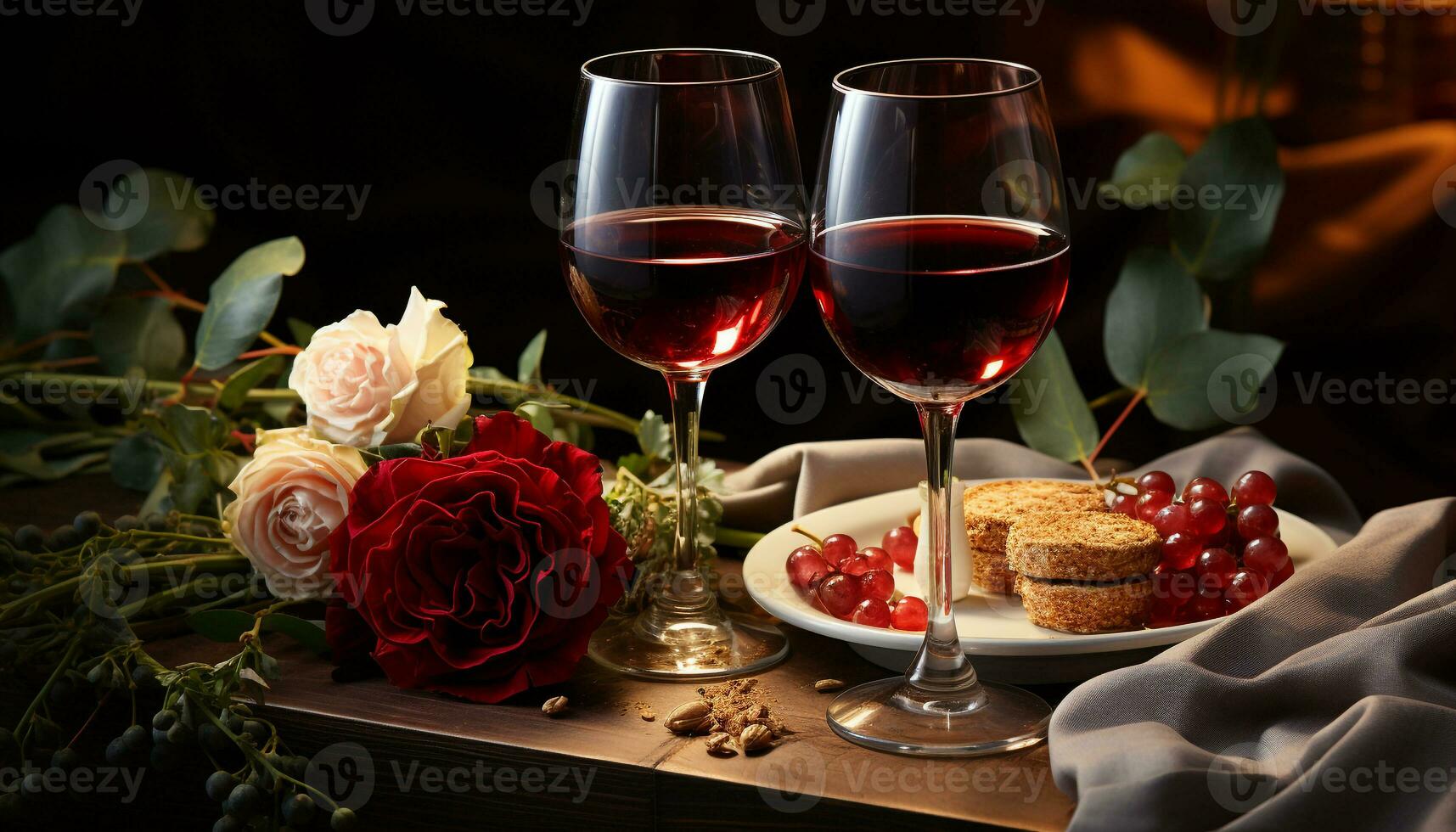 AI generated Romantic celebration wine, chocolate, candle, flower, love, dessert, drink generated by AI photo
