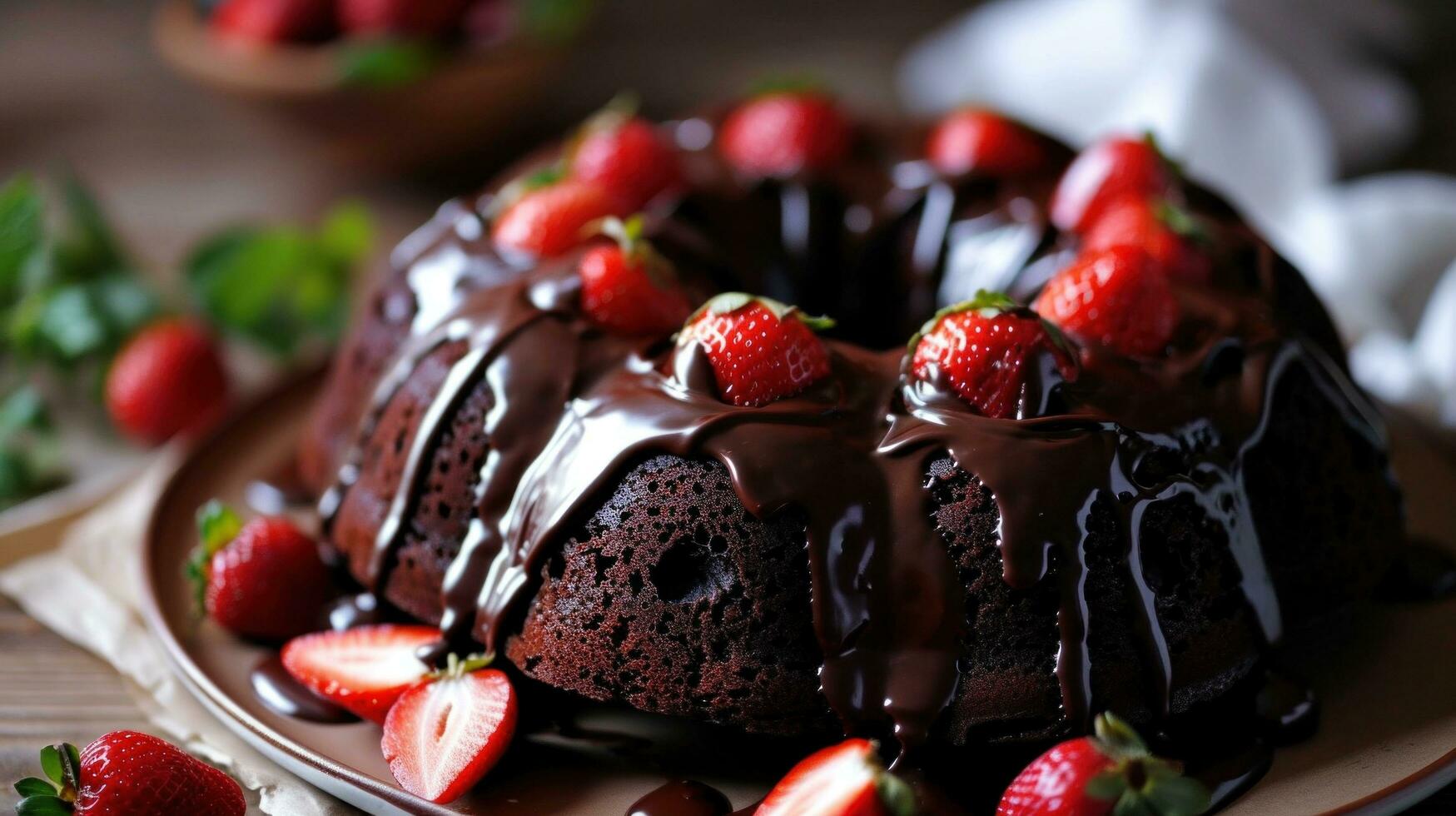 AI generated Dark Chocolate Bundt Cake with Ganache Icing and Strawberry photo