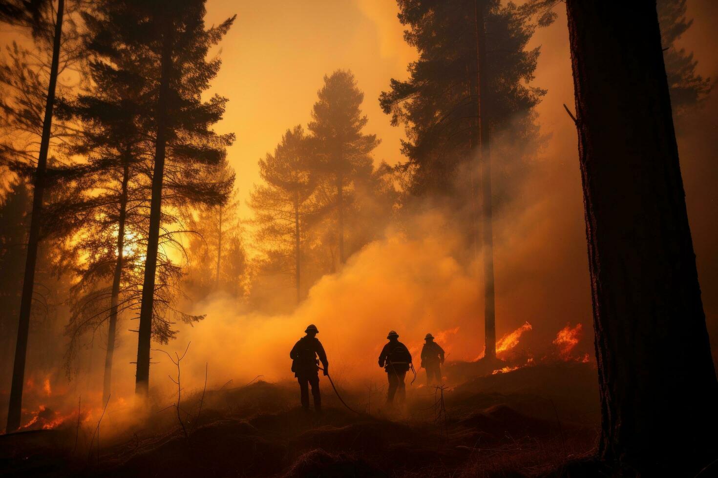 AI generated four firefighters walk through a forest with flames photo