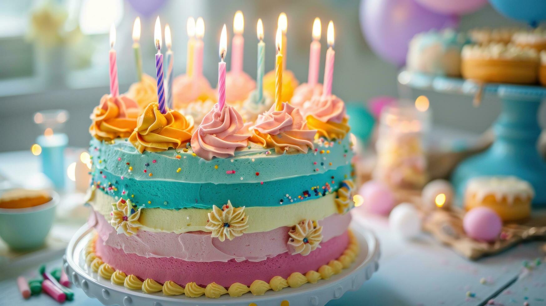 AI generated Colorful topsy turvy birthday cake with candles photo