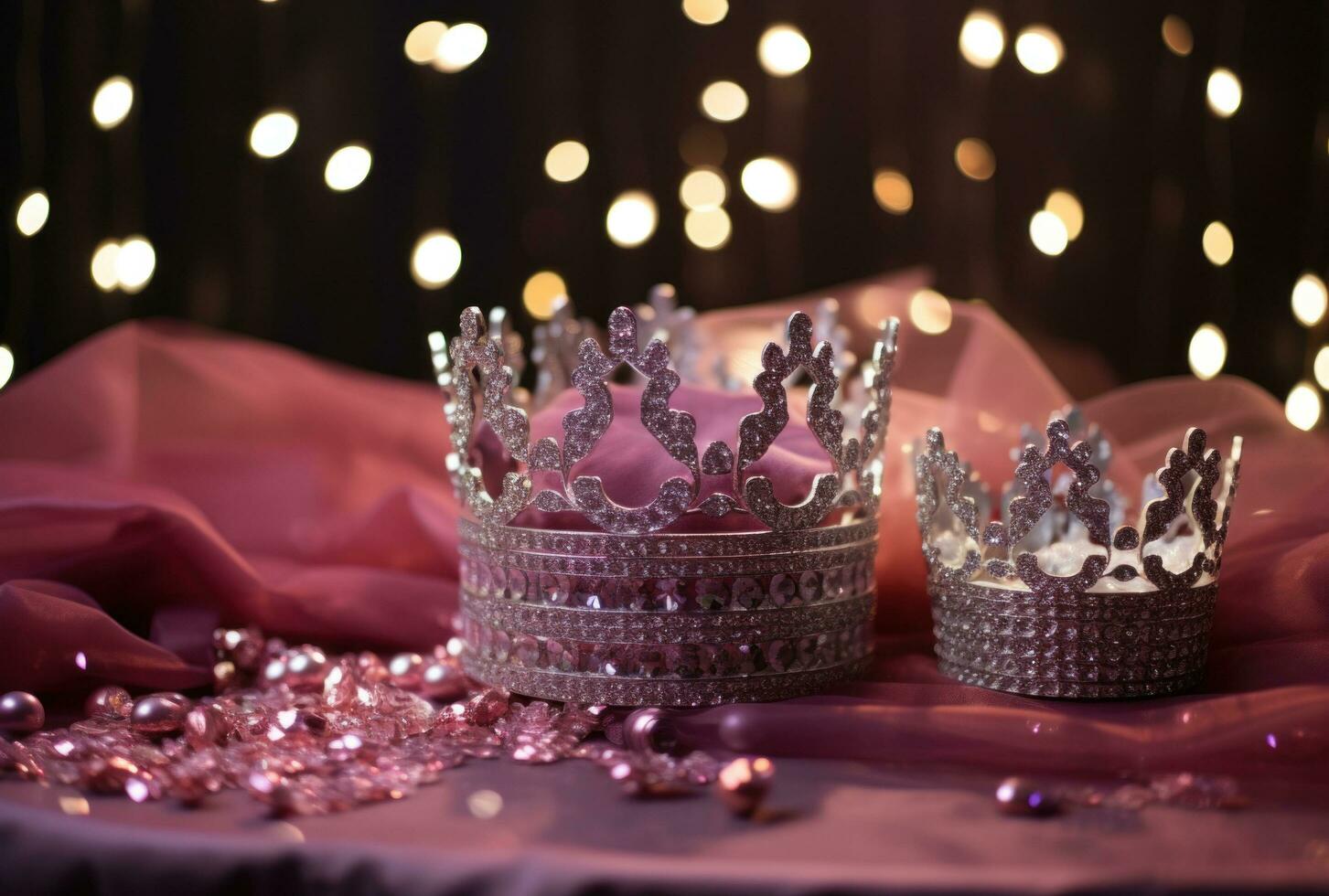 AI generated crowns with sparkles and glitters on a table photo